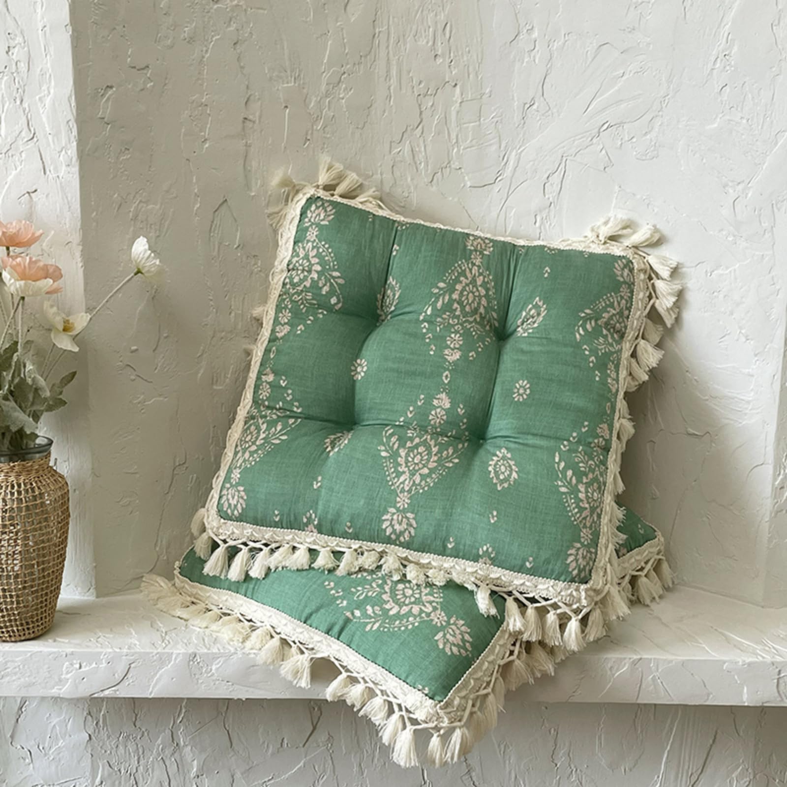 Set of 2 Floral Printed Chair Pads with Tassels Cotton Linen Square Chair Cushions 17x17x3 Inch Seat Cushion for Living Room Kitchen and Officewooden Chair (Green,17"x17")