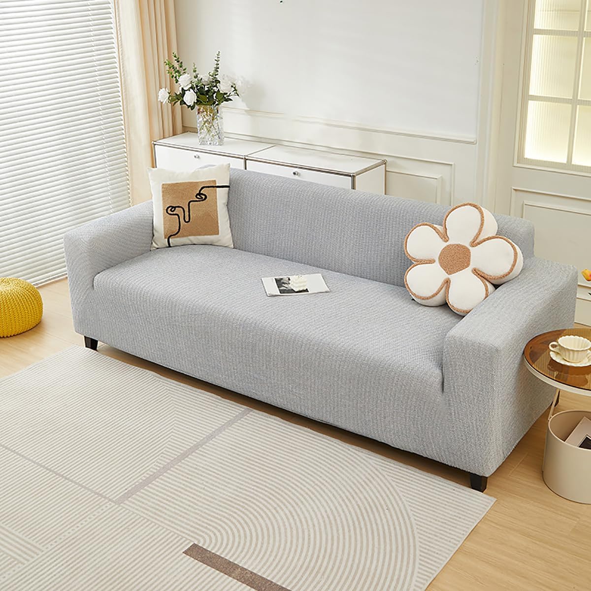 Cotton Linen Couch Cover, Stretch Sofa Protector, Anti-Slip, All-Inclusive, Washable, All-Season Furniture Protector, for 1 2 3 4 Seater Pet-Friendly Beige 3 Seater-190-230cm