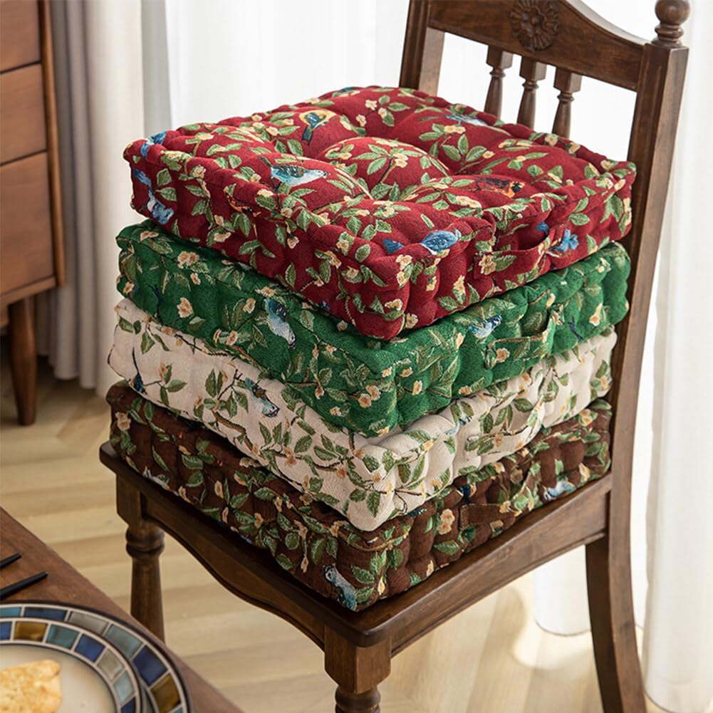 Chair Cushions Set of 2 Floral Bird Pattern Seat Cushions for Dining Chair Square Kitchen Chair Pads with Handle Indoor Floor Pillow (15.7 × 15.7 × 3.1 Inch, Beige)