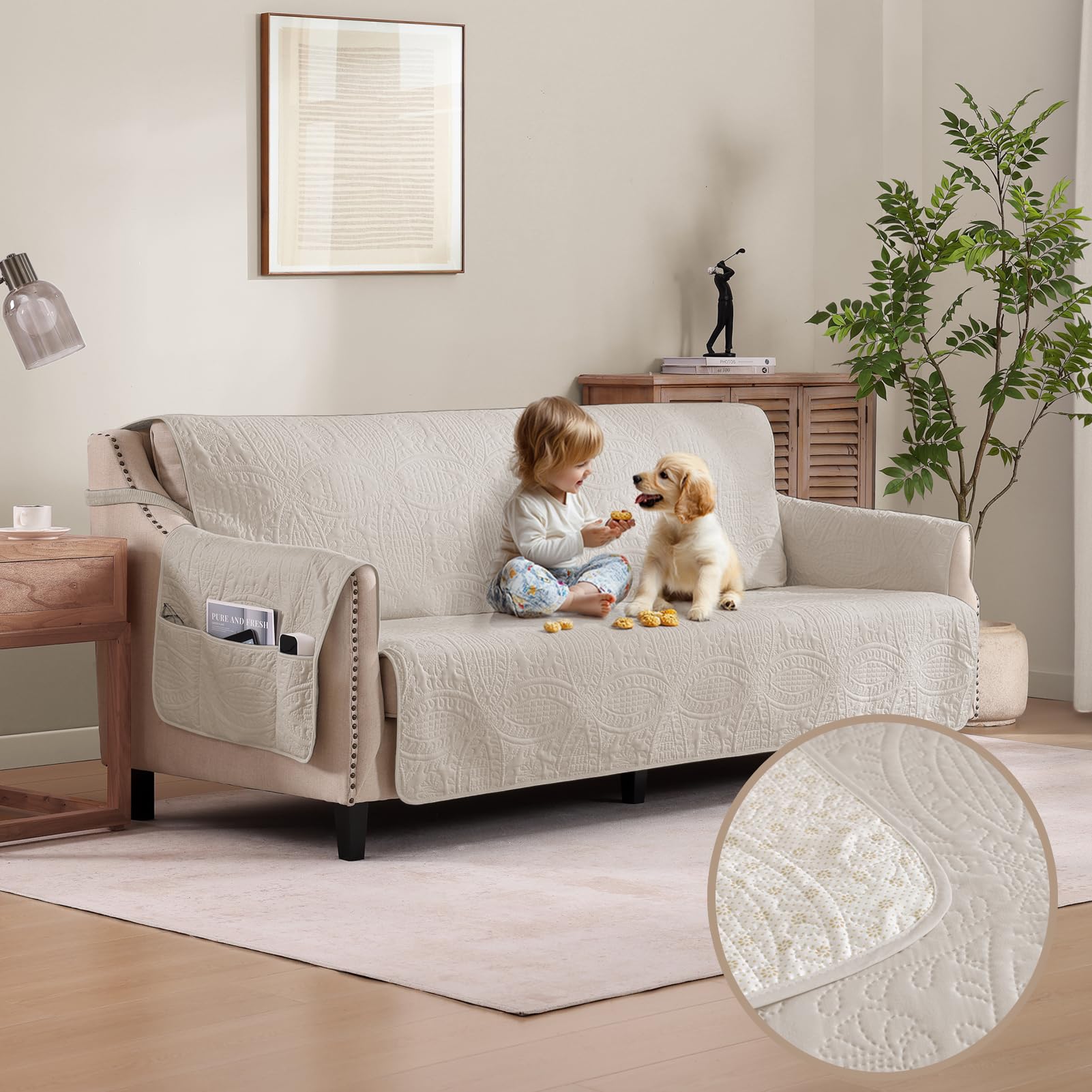 Quilted Sofa Slipcovers with Pockets, Anti-Slip Medallion Designed Couch Covers for 3 Cushion Sofa, Couch Cover for Dogs Cats Water-Repellent Machine Washable (Large Sofa 68", Ivory White)