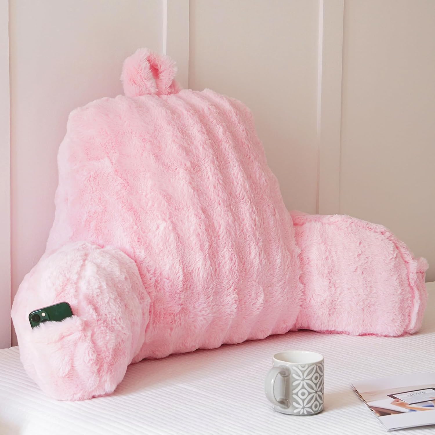 Faux Fur Reading Pillow for Sitting in Bed, Large Backrest Bed Pillow with Arms, Back Support Pillow for Lounging Bedrest, Pink