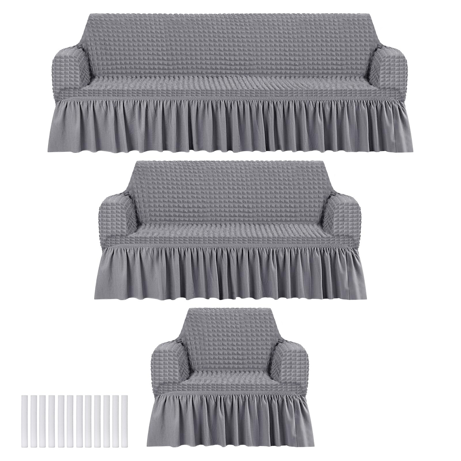 Fanfanwin 3 Pcs Sofa Slipcover Set for Couch Cushion Durable Washable High Elastic Stretchable Furniture Couch Covers with Skirt for Sofa Loveseat Arm Chair(Beige,Seersucker)
