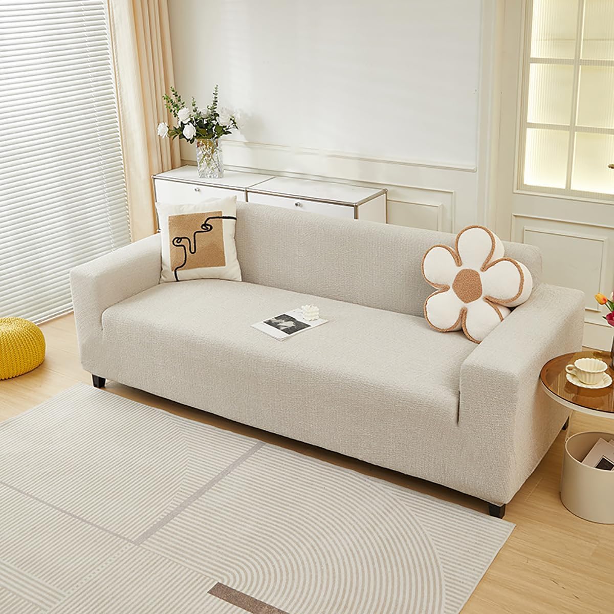 Cotton Linen Couch Cover, Stretch Sofa Protector, Anti-Slip, All-Inclusive, Washable, All-Season Furniture Protector, for 1 2 3 4 Seater Pet-Friendly Beige 3 Seater-190-230cm