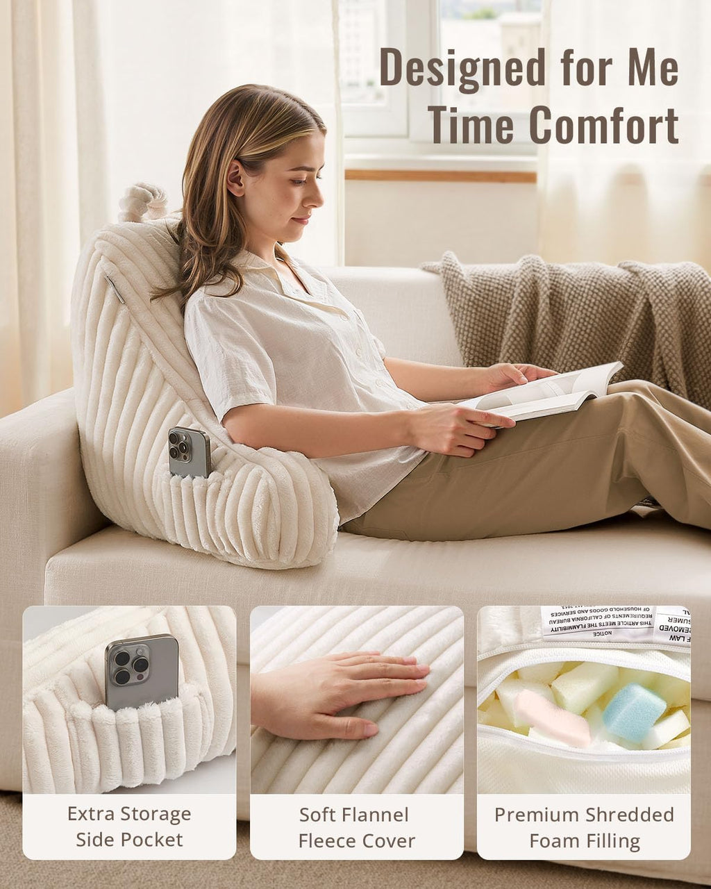 Blissful Diary Reading Pillow for Sitting in Bed, Large Flannel Back Pillow Bed Sitting Up for Adult & Children, Backrest Cushion for Sit Up in Couch or Floor, Dorm Essentials, Cream White