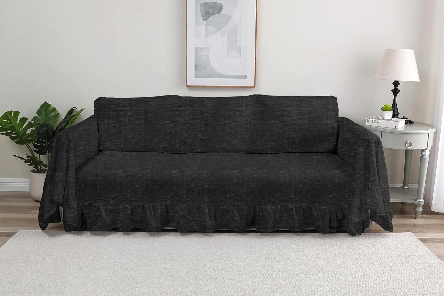 Rustic Linen Sofa Cover with Tie Strings, Full Couch Protector Durable Throw Slipcover Ruffled Edge (White, Large Sofa)