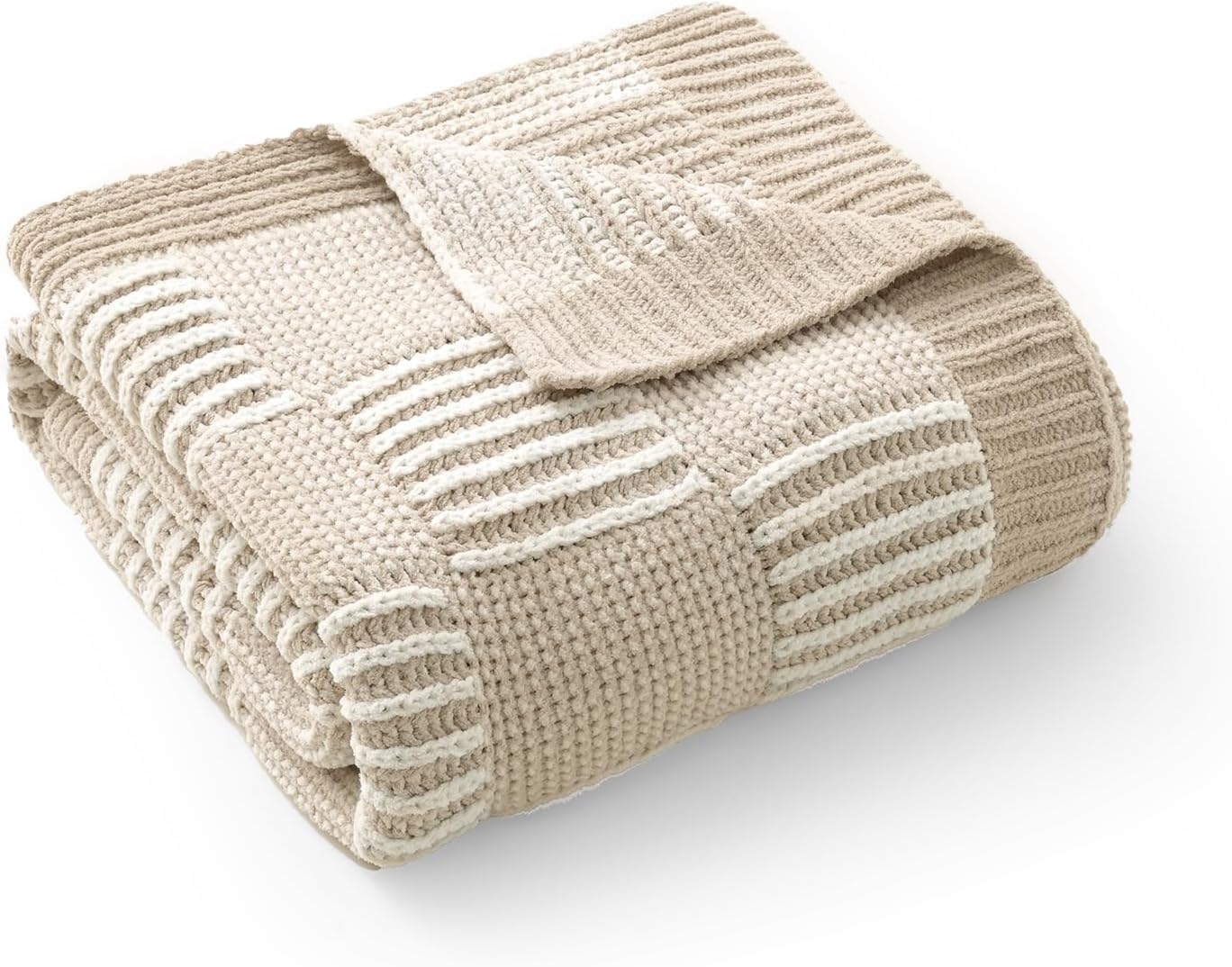 Amélie Home Knit Throw Blanket, Soft Chenille Cozy Breathable Dual Tone Checkered Chunky Decorative Blanket for Couch, Bed & Sofa, French-Inspired Lightweight Warm Gift for Women, Beige, 50"x60"