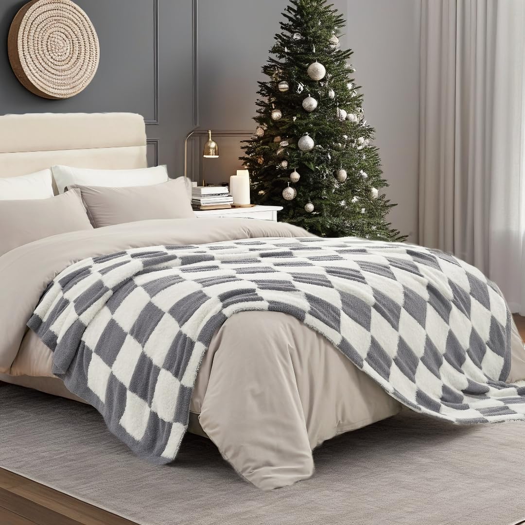 Snuggle Sac Sage Green Checkered Throw Blanket Faux Fur Knitted with Microfiber Yarn, Cozy Soft Warm Spring Blankets for Couch,Sofa,Bedroom,Sage Green Checker,50x60 inches