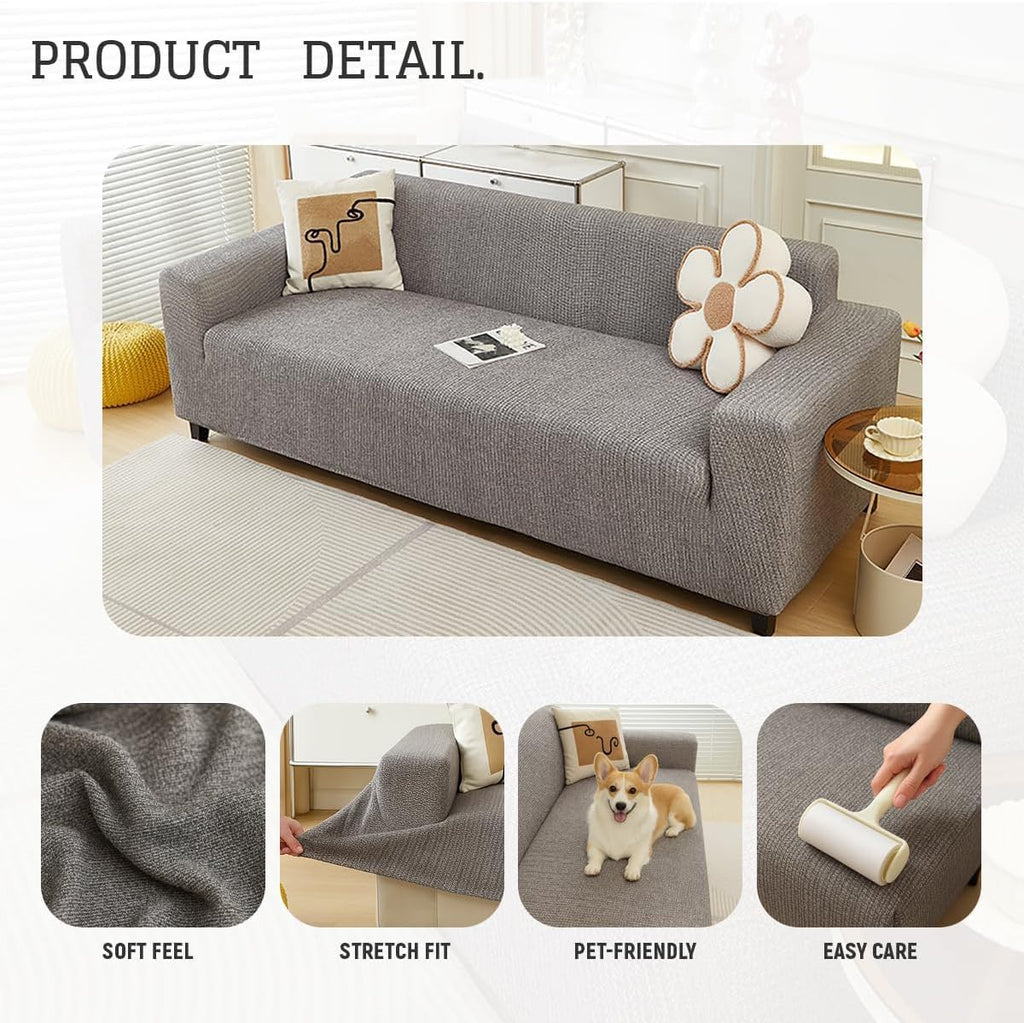 Cotton Linen Couch Cover, Stretch Sofa Protector, Anti-Slip, All-Inclusive, Washable, All-Season Furniture Protector, for 1 2 3 4 Seater Pet-Friendly Beige 3 Seater-190-230cm