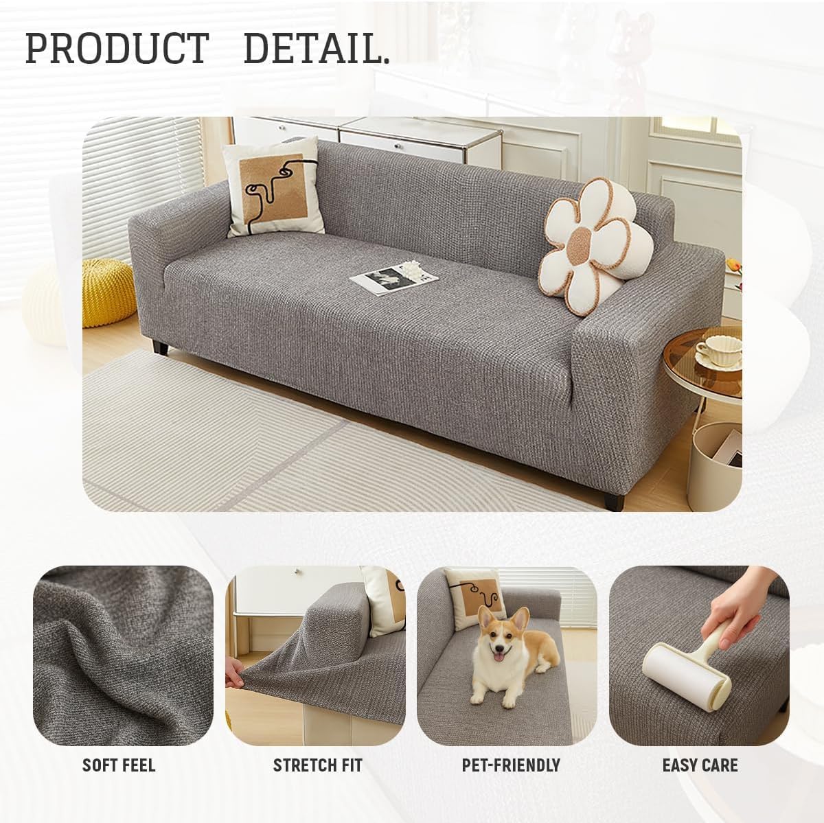 Cotton Linen Couch Cover, Stretch Sofa Protector, Anti-Slip, All-Inclusive, Washable, All-Season Furniture Protector, for 1 2 3 4 Seater Pet-Friendly Beige 3 Seater-190-230cm