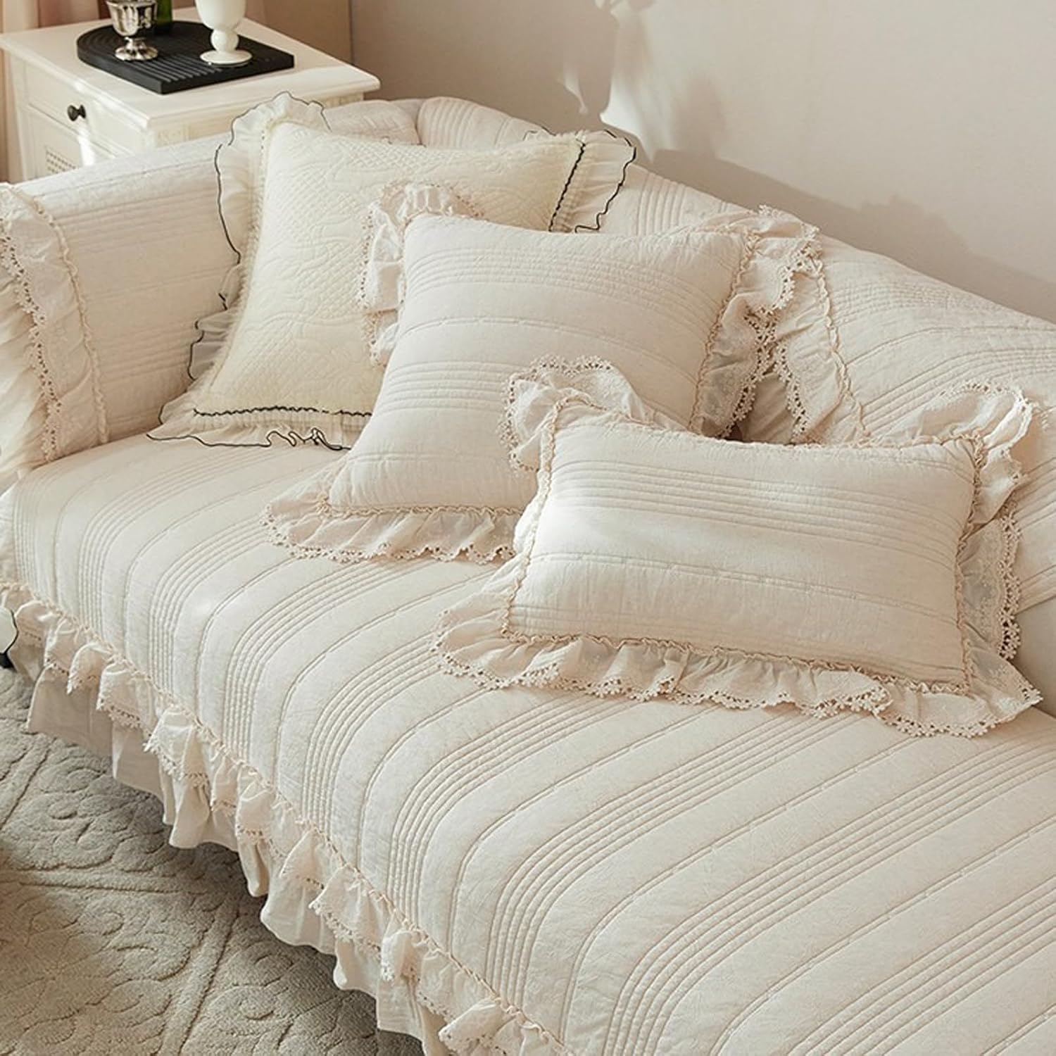 Leeva French Cream Ruffle Lace Quilted Sofa Slipcover, Beige Couch Protector & Decorative Slipcover for Living Room Cream Aesthetic Cottage Decor, Cotton-Linen Fabric, 27"x59"