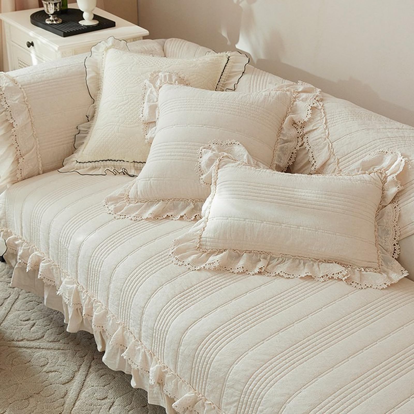 Leeva French Cream Ruffle Lace Quilted Sofa Slipcover, Beige Couch Protector & Decorative Slipcover for Living Room Cream Aesthetic Cottage Decor, Cotton-Linen Fabric, 27"x59"