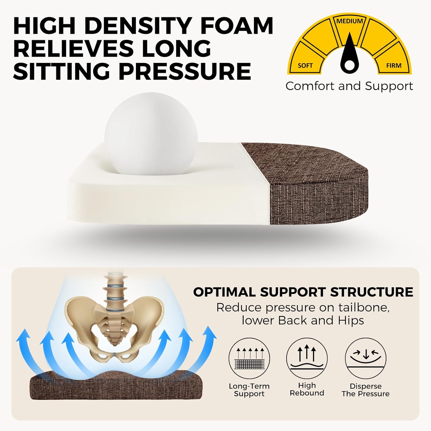 downluxe Indoor Chair Cushions for Dining Chairs, Soft and Comfortable Textured Foam Kitchen Chair Pads with Ties and Non-Slip Backing, 16" x 16" x 2", Brown, 4 Pack