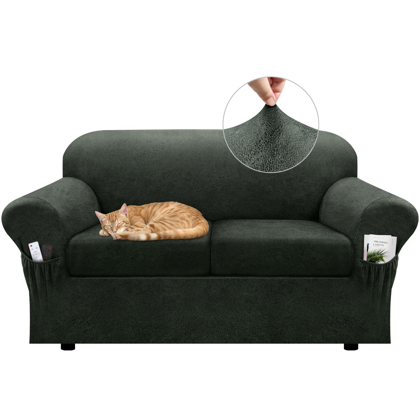 Sofa Slipcover with Armrest Pockets 4-Piece Set, Stretch Faux Leather Couch Cover for 3-Cushion Couches(Fits 72-92") - Non-Slip, Machine Washable, Pet & Kid Friendly - Beige