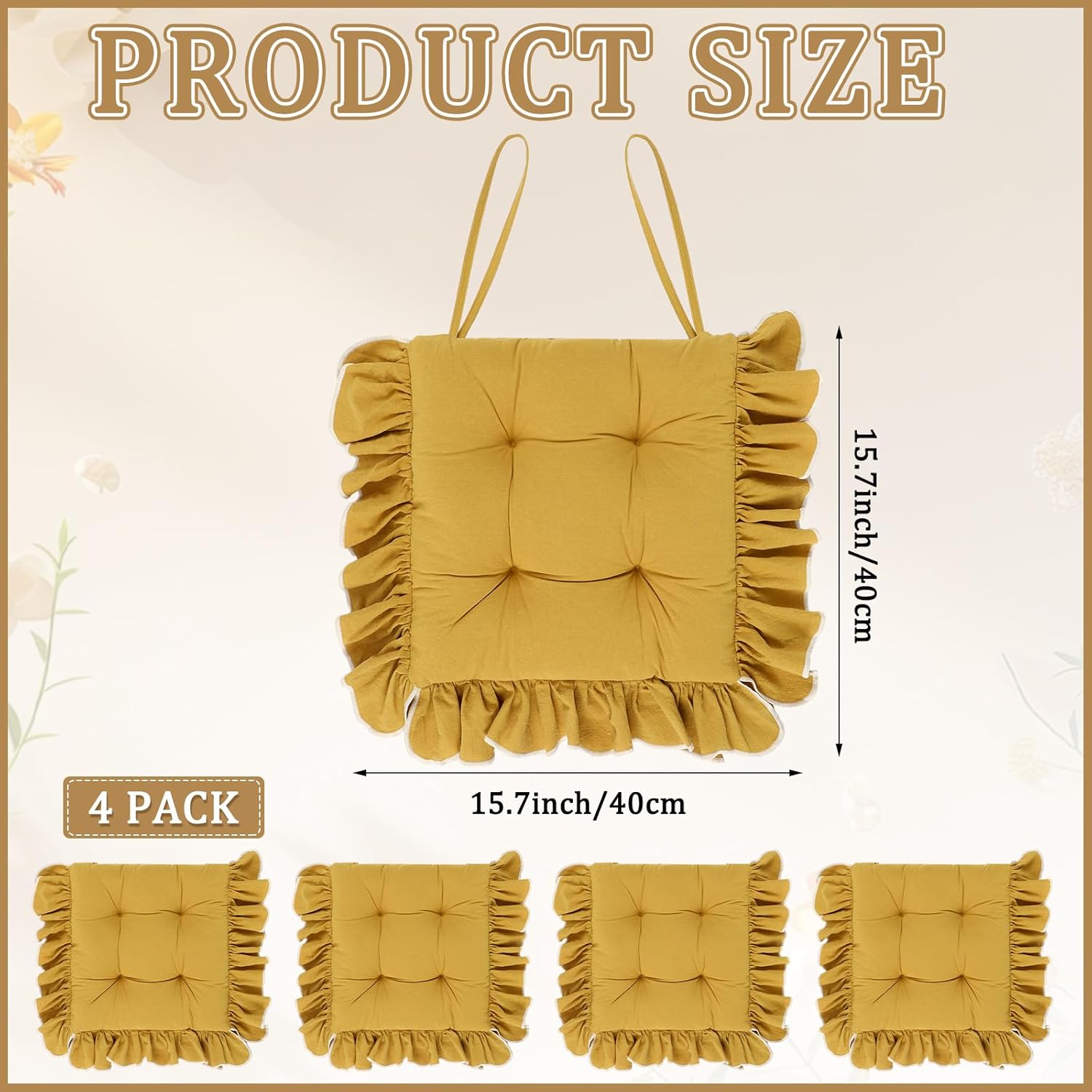 Wenqik 4-Pack Ruffled Chair Cushions with Ties, 16"x16" Turmeric Cotton Fabric Non-Slip Seat Pads for Dining Chairs, Farmhouse Kitchen, Office, and Wooden Chairs