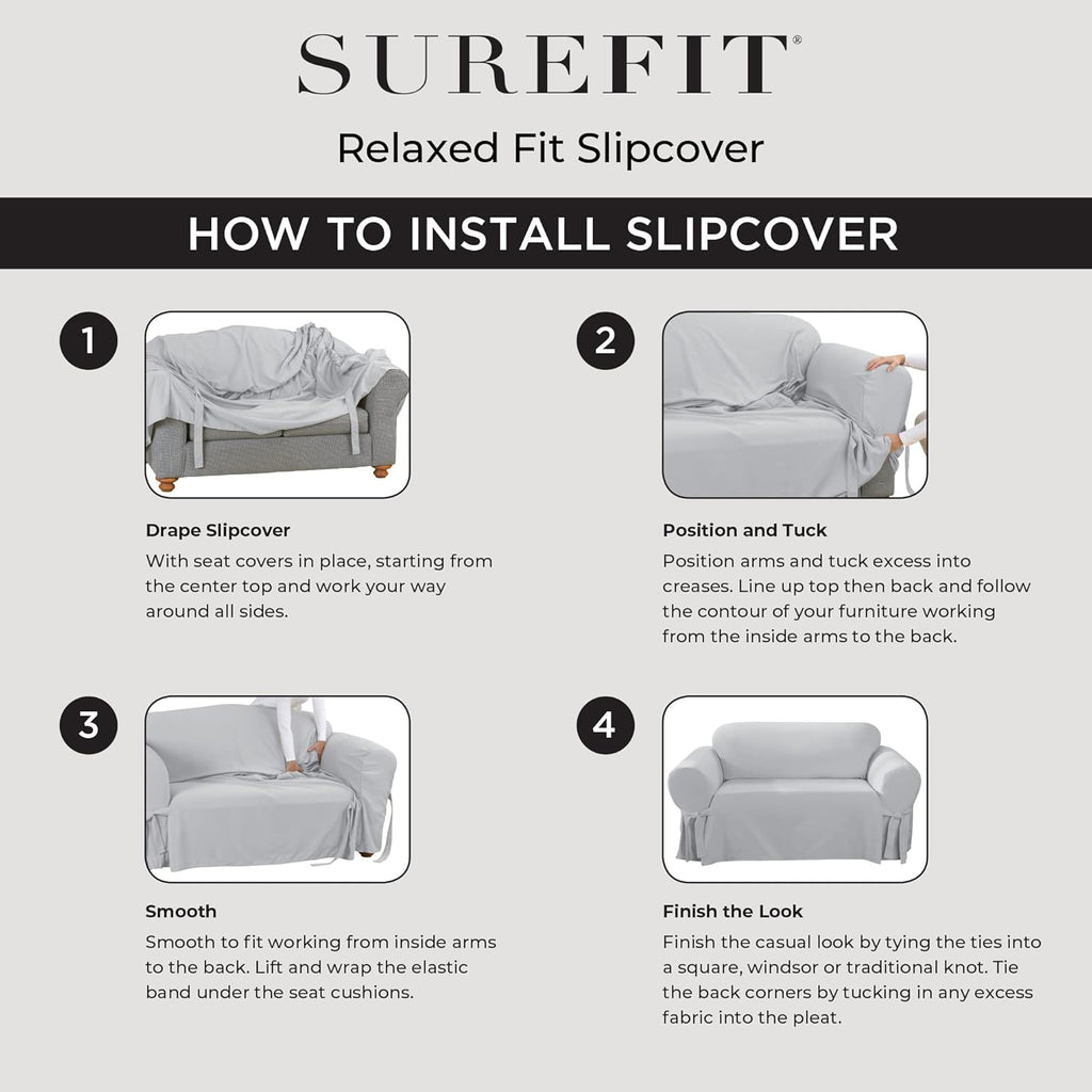 SureFit Cotton Duck Loveseat Box Cushion One Piece Slipcover, Furniture Cover, Relaxed Woven Fit, 100% Cotton, Machine Washable, Gray