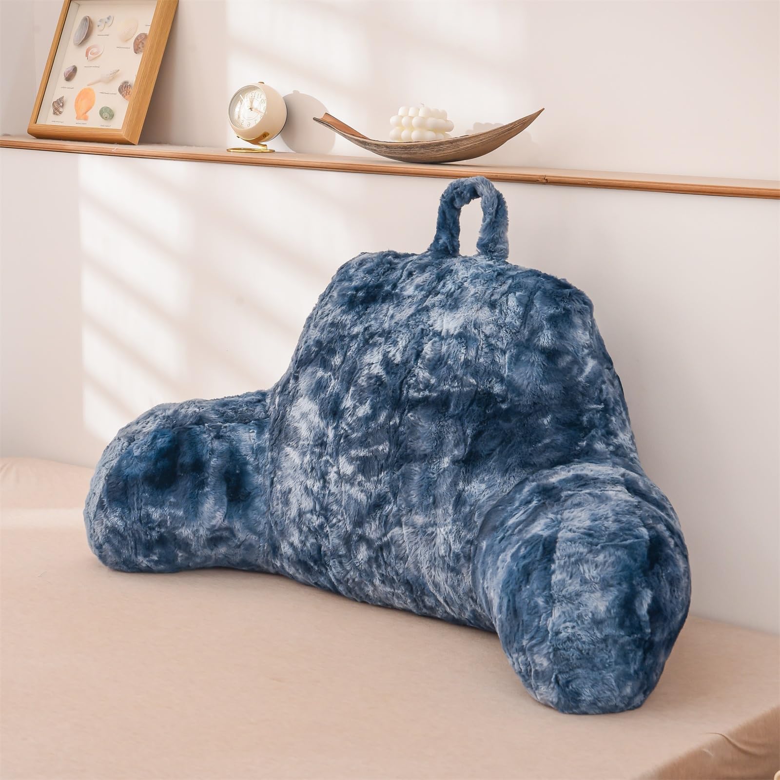 Ivory Faux Fur Wedge Reading Pillow with Arms, Large Back Support for Bed & Couch