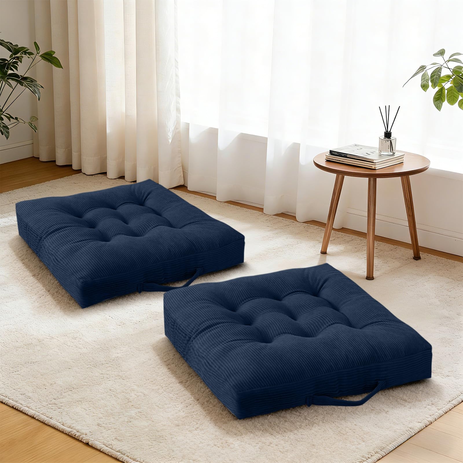 Set of 2 Beige Tufted Velvet Floor Seat Cushions 18×18 Inch, Washable Portable Chair Pads with Handle
