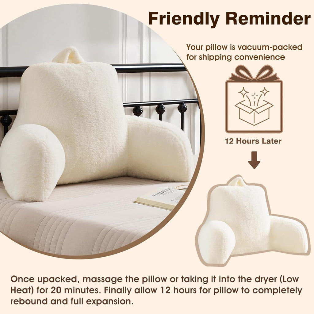 Faux Fur Reading Pillow for Bed/Couch/Floor/Dorm, Great Cozy Back Pillow for Bed Sitting Up, Fluffy Fur Bed Pillow for Sitting Up for Adults/Teens/Kids, Upgrade Back Support Pillow, Ivory