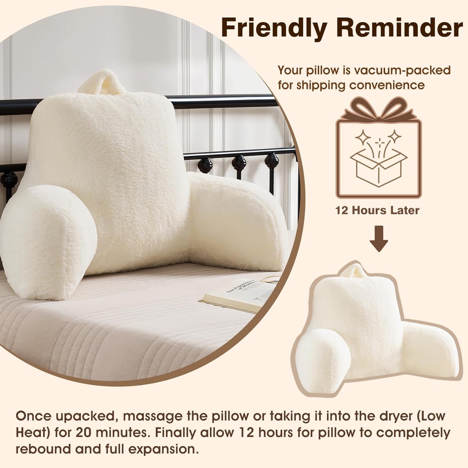 Faux Fur Reading Pillow for Bed/Couch/Floor/Dorm, Great Cozy Back Pillow for Bed Sitting Up, Fluffy Fur Bed Pillow for Sitting Up for Adults/Teens/Kids, Upgrade Back Support Pillow, Ivory