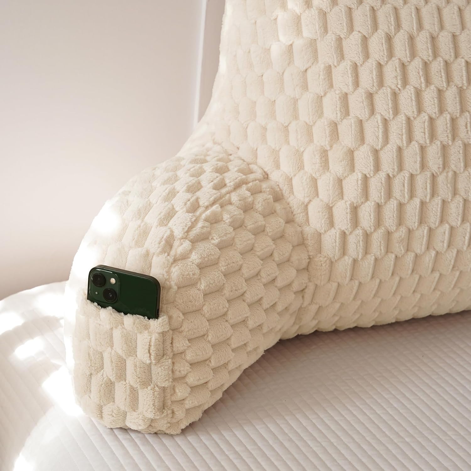 Fluffy Reading Pillow for Sitting in Bed, Large Backrest Bed Pillow with Arms, Back Support Pillow for Lounging Bedrest, Beige