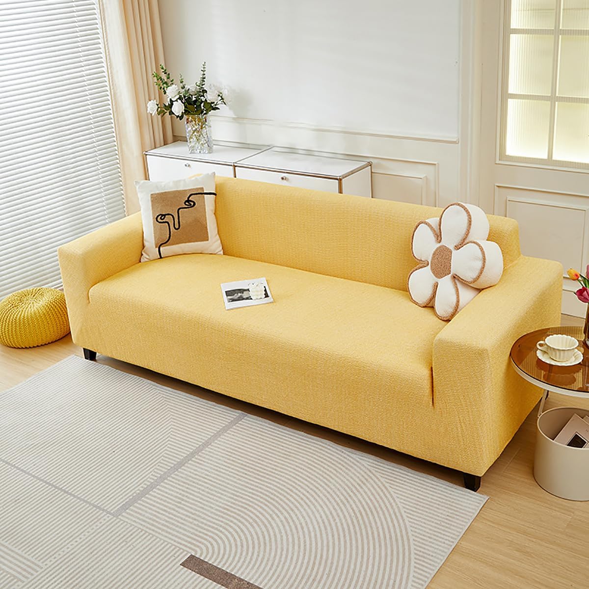 Cotton Linen Couch Cover, Stretch Sofa Protector, Anti-Slip, All-Inclusive, Washable, All-Season Furniture Protector, for 1 2 3 4 Seater Pet-Friendly Beige 3 Seater-190-230cm