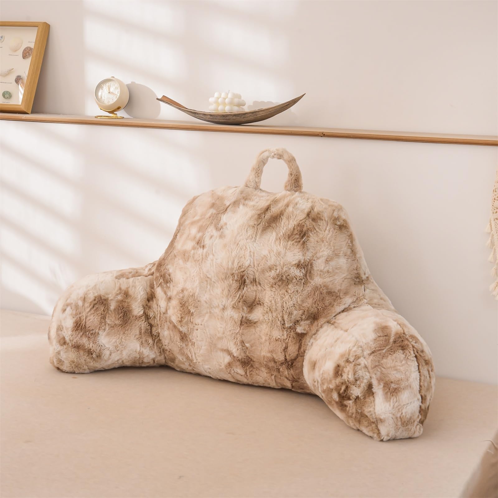 Ivory Faux Fur Wedge Reading Pillow with Arms, Large Back Support for Bed & Couch