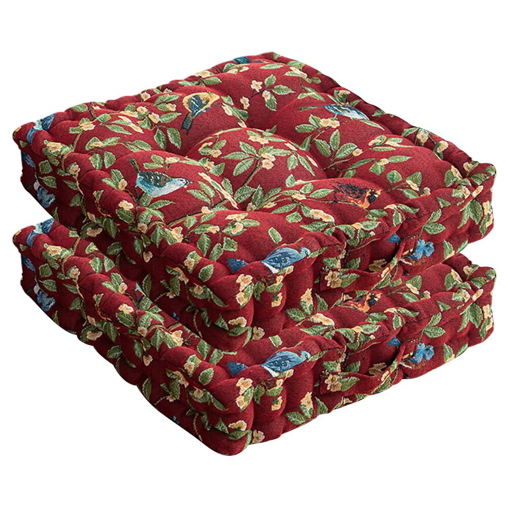 Chair Cushions Set of 2 Floral Bird Pattern Seat Cushions for Dining Chair Square Kitchen Chair Pads with Handle Indoor Floor Pillow (15.7 × 15.7 × 3.1 Inch, Beige)