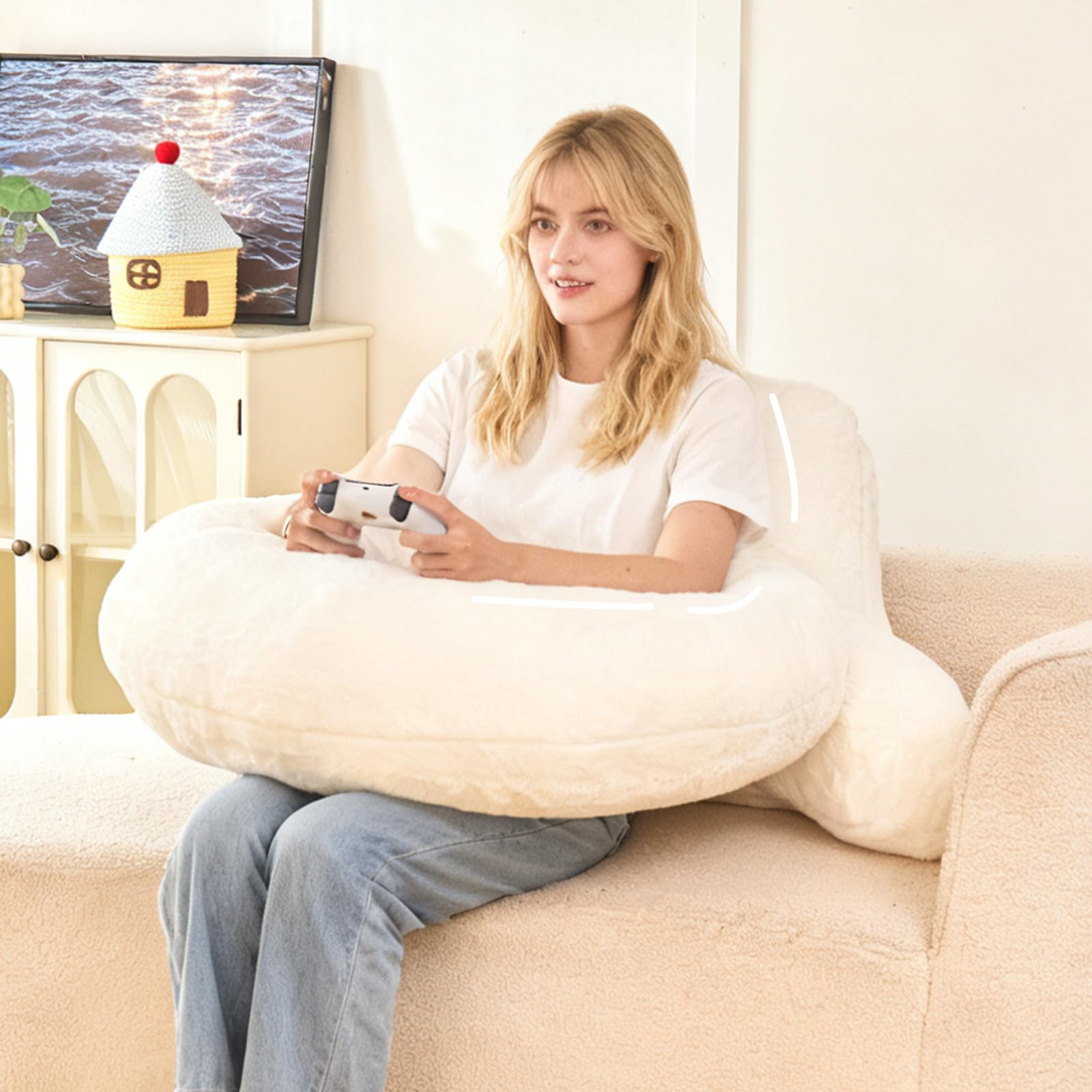 Bed Reading Pillow 17",Cozy Flannel U Shaped Back Support Cushion for Sitting up in Bed,Small Laptop Desk Lap Pillow for College Dorm,Apartment,Medium - White