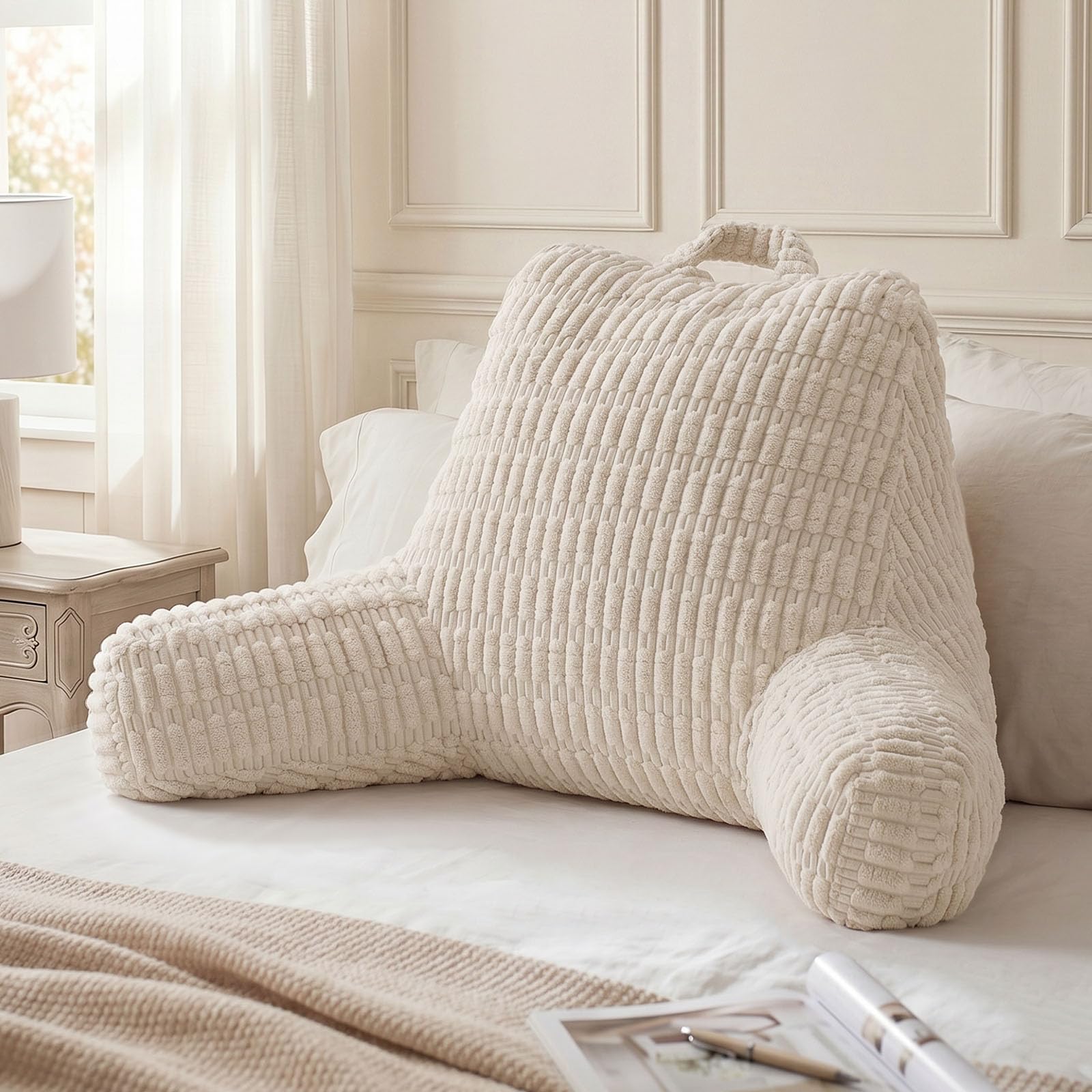 Blissful Diary Reading Pillow for Sitting in Bed, Large Flannel Back Pillow Bed Sitting Up for Adult & Children, Backrest Cushion for Sit Up in Couch or Floor, Dorm Essentials, Cream White