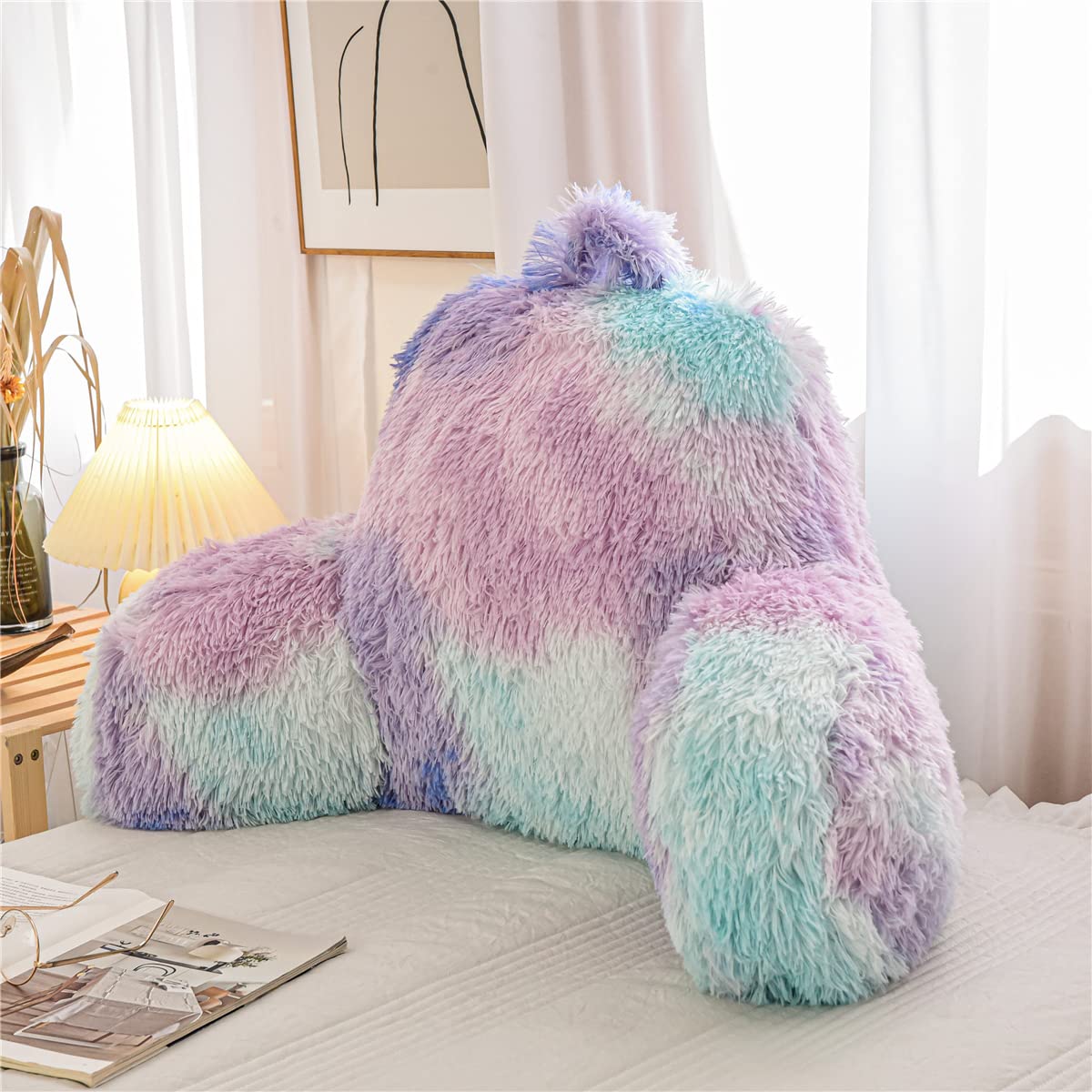 Holawakaka Large Faux Fur Bed Rest Pillow with Arms, Rabbit Fur Reading Pillows Perfect for Adults Men Women, Arm, Back, Pregnancy Lumbar & Head Neck Coccyx Lower Back Support Cushion (Ivory)