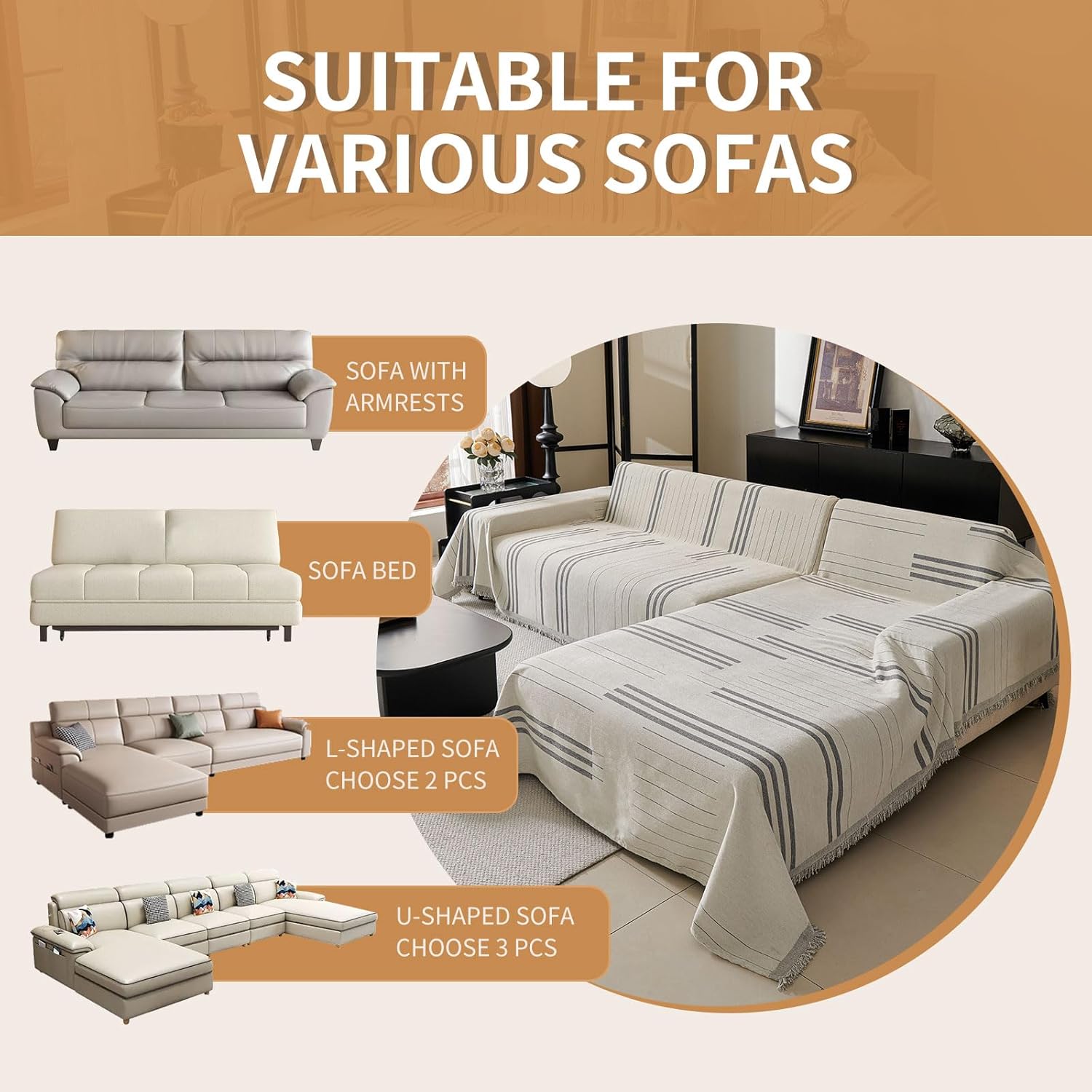 Boho Couch Covers for Sofa Washable Sofa Covers for 3 Cushion Couch Soft Non Slip Couch Covers for Sectional Sofa Dog Pet Furniture Protector (Light Gray, 91"*134")