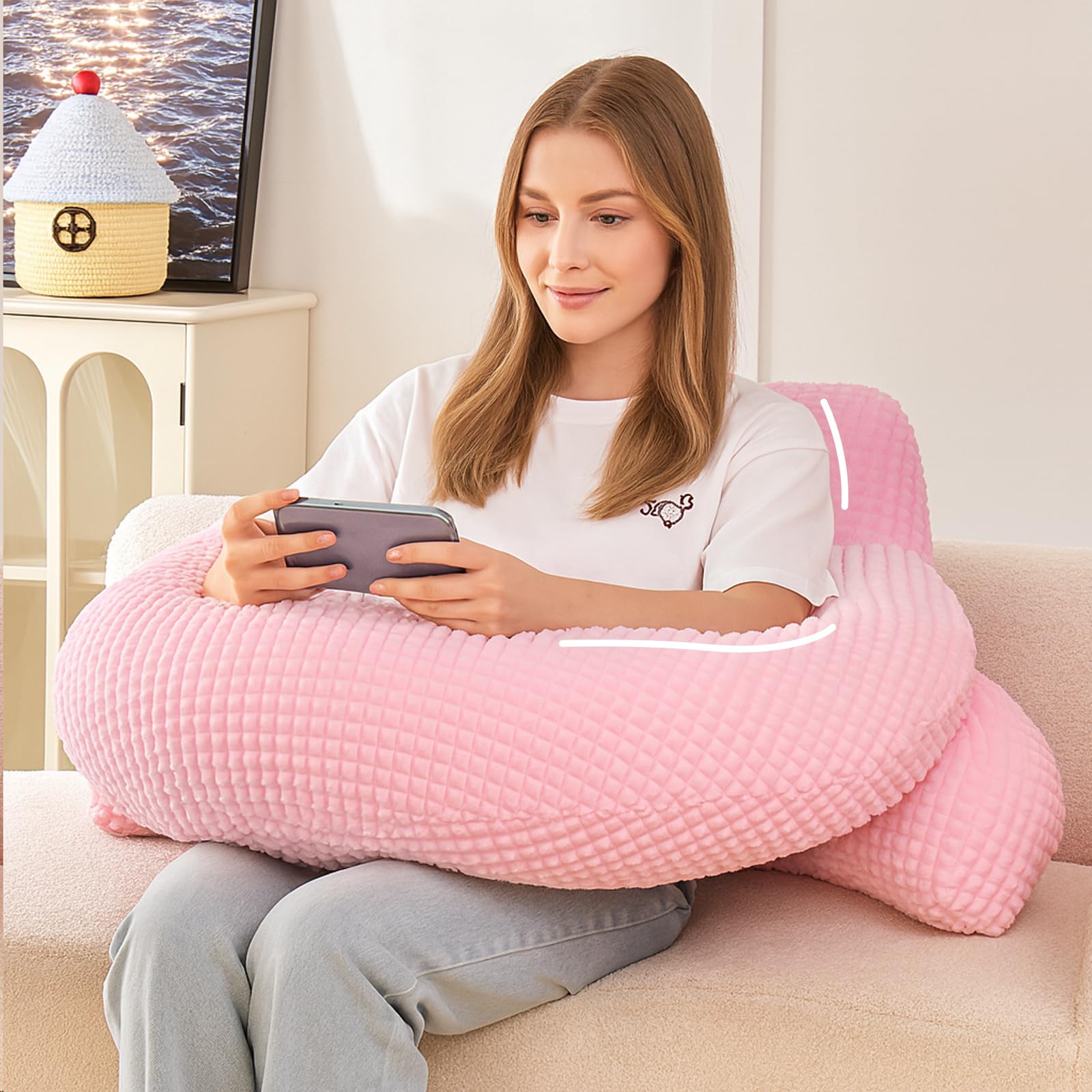 Bed Reading Pillow 17",Cozy Flannel U Shaped Back Support Cushion for Sitting up in Bed,Small Laptop Desk Lap Pillow for College Dorm,Apartment,Medium - White