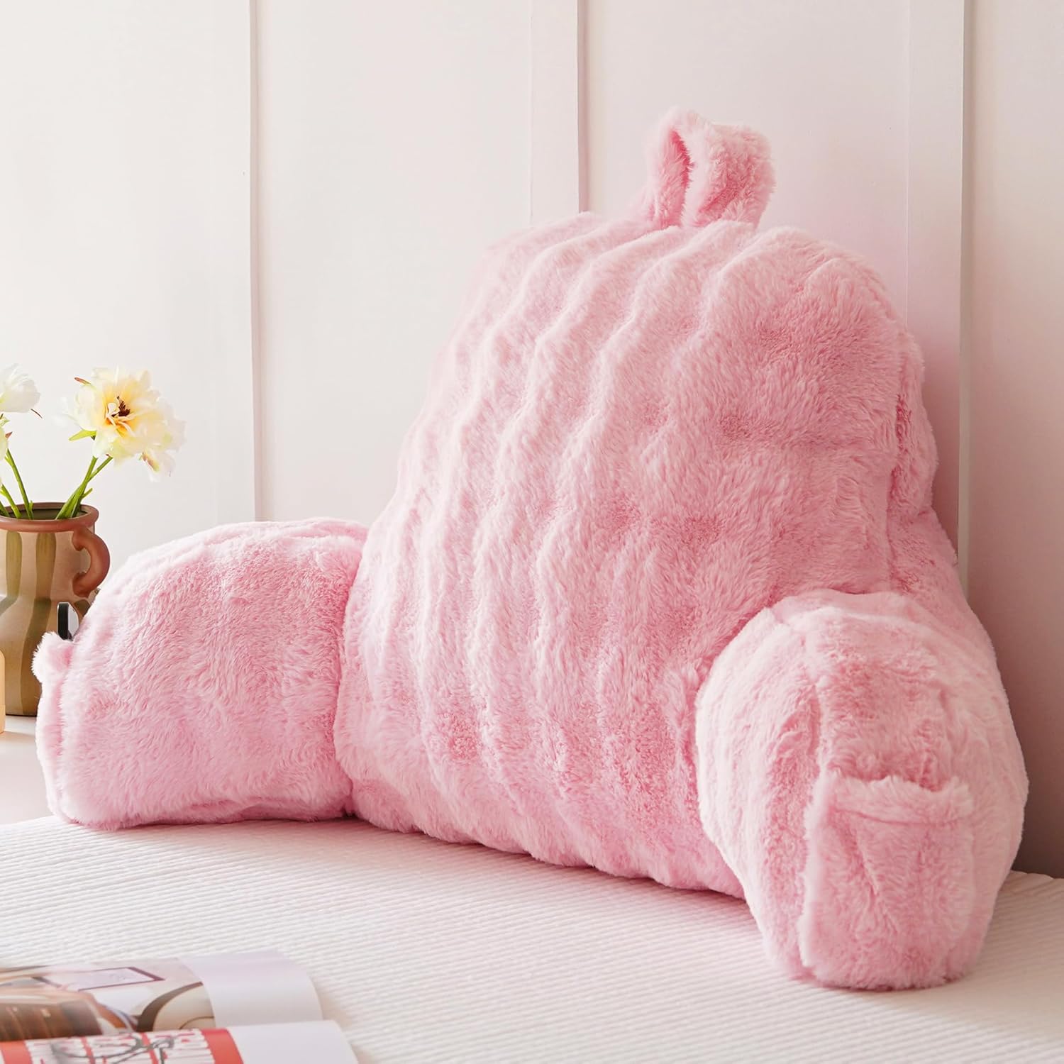 Faux Fur Reading Pillow for Sitting in Bed, Large Backrest Bed Pillow with Arms, Back Support Pillow for Lounging Bedrest, Pink