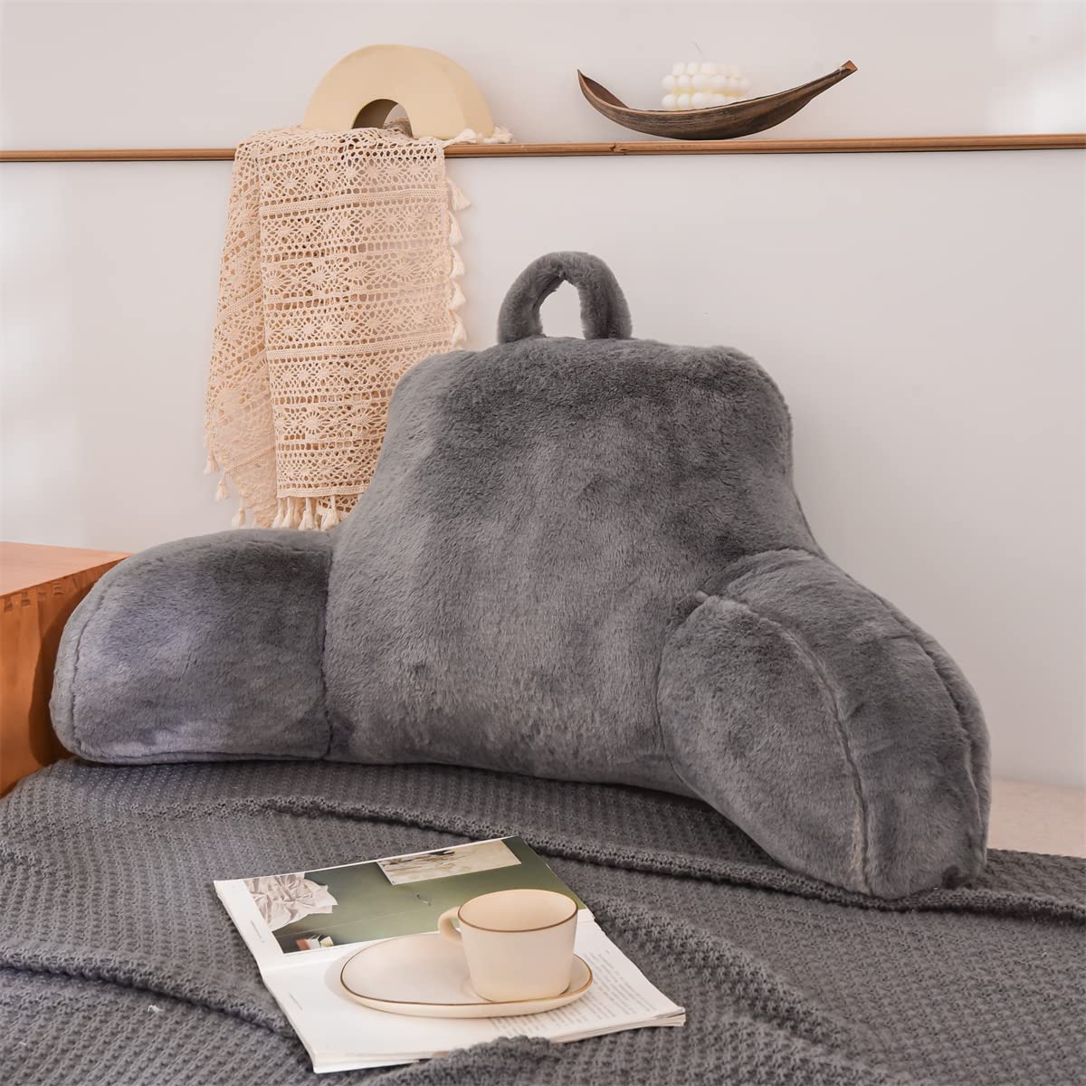 Holawakaka Large Faux Fur Bed Rest Pillow with Arms, Rabbit Fur Reading Pillows Perfect for Adults Men Women, Arm, Back, Pregnancy Lumbar & Head Neck Coccyx Lower Back Support Cushion (Ivory)