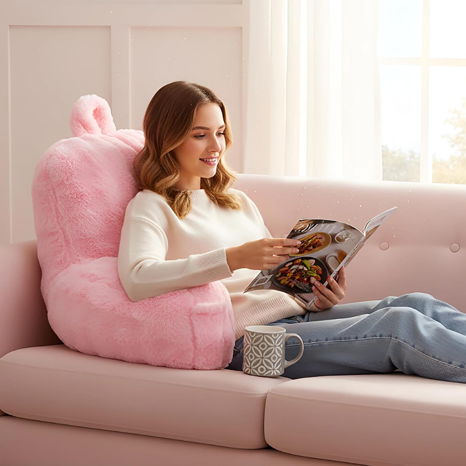 Faux Fur Reading Pillow for Sitting in Bed, Large Backrest Bed Pillow with Arms, Back Support Pillow for Lounging Bedrest, Pink