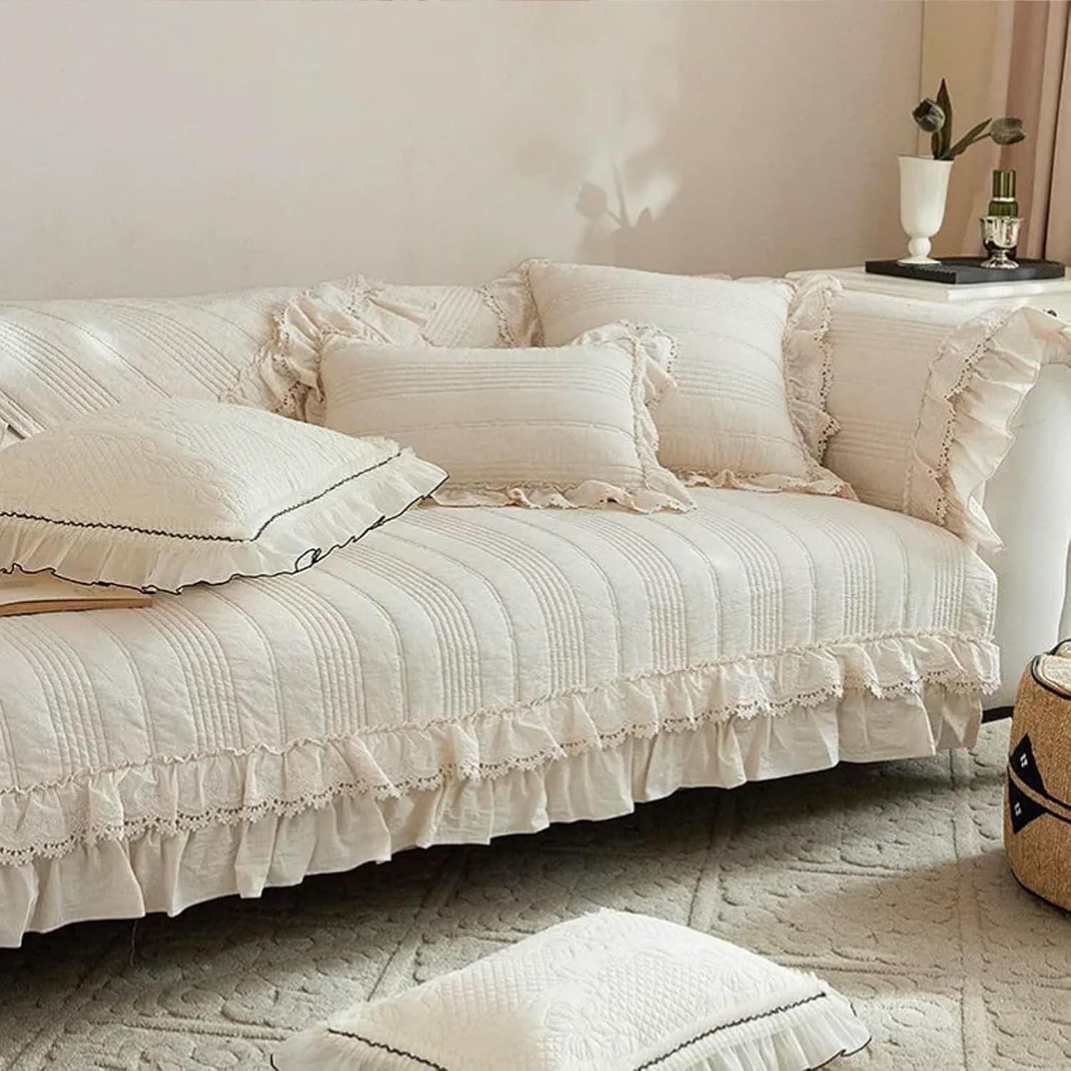 Leeva French Cream Ruffle Lace Quilted Sofa Slipcover, Beige Couch Protector & Decorative Slipcover for Living Room Cream Aesthetic Cottage Decor, Cotton-Linen Fabric, 27"x59"