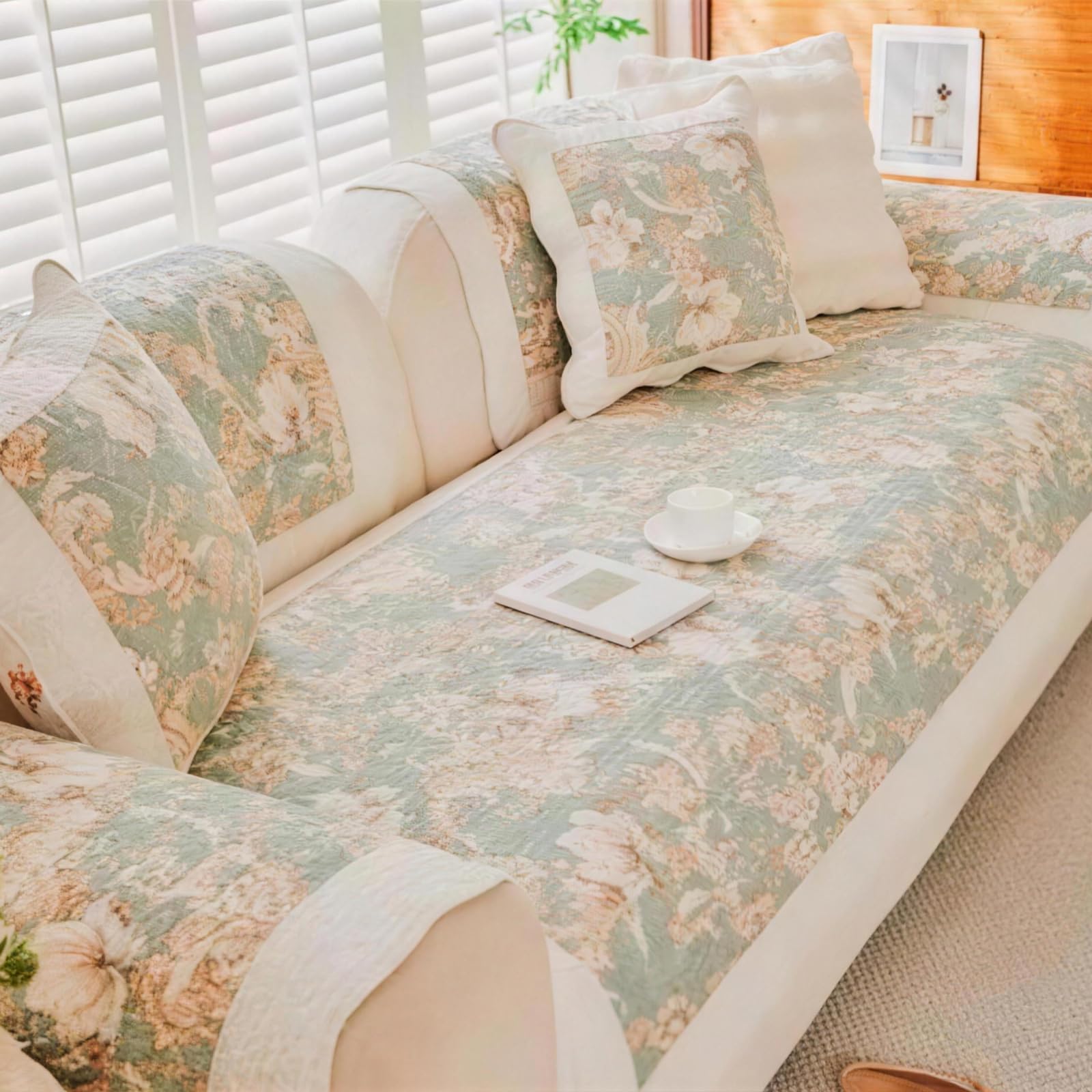 Leeva French Cream Ruffle Lace Quilted Sofa Slipcover, Beige Couch Protector & Decorative Slipcover for Living Room Cream Aesthetic Cottage Decor, Cotton-Linen Fabric, 27"x59"