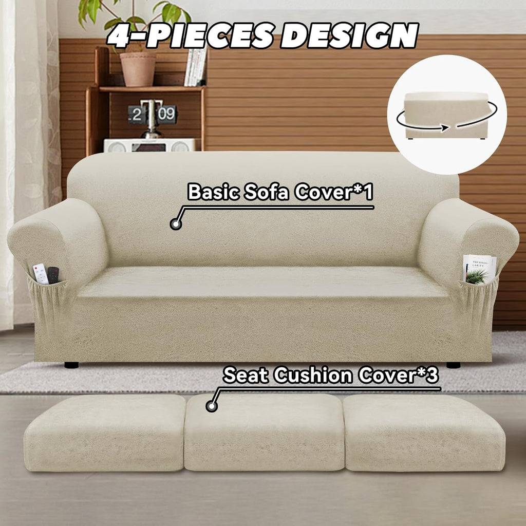 Sofa Slipcover with Armrest Pockets 4-Piece Set, Stretch Faux Leather Couch Cover for 3-Cushion Couches(Fits 72-92") - Non-Slip, Machine Washable, Pet & Kid Friendly - Beige