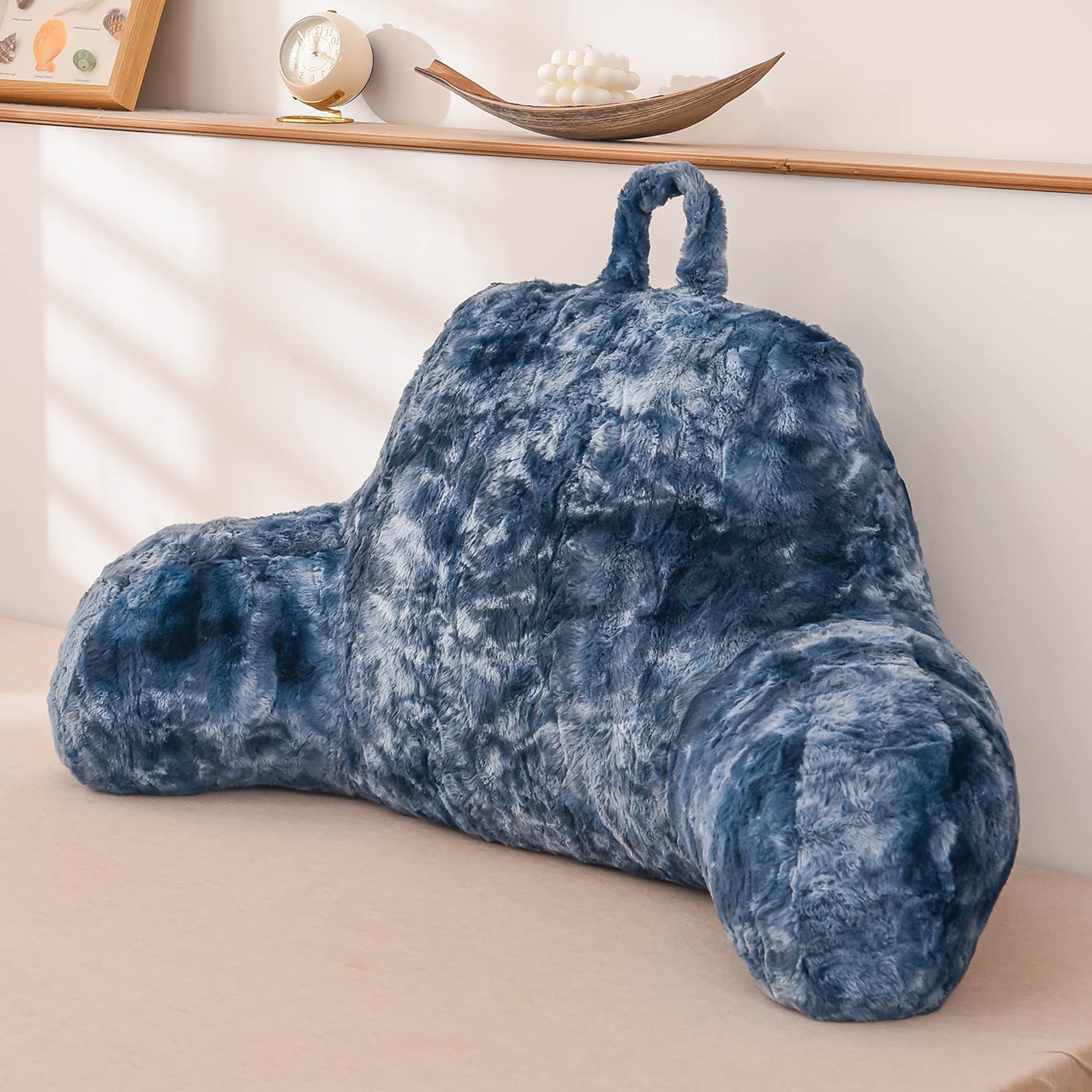Ivory Faux Fur Wedge Reading Pillow with Arms, Large Back Support for Bed & Couch