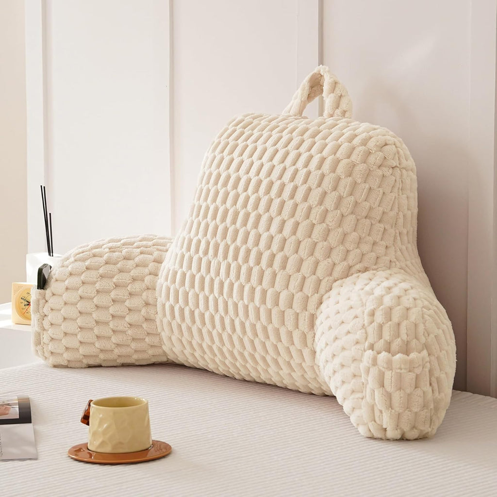 Fluffy Reading Pillow for Sitting in Bed, Large Backrest Bed Pillow with Arms, Back Support Pillow for Lounging Bedrest, Beige