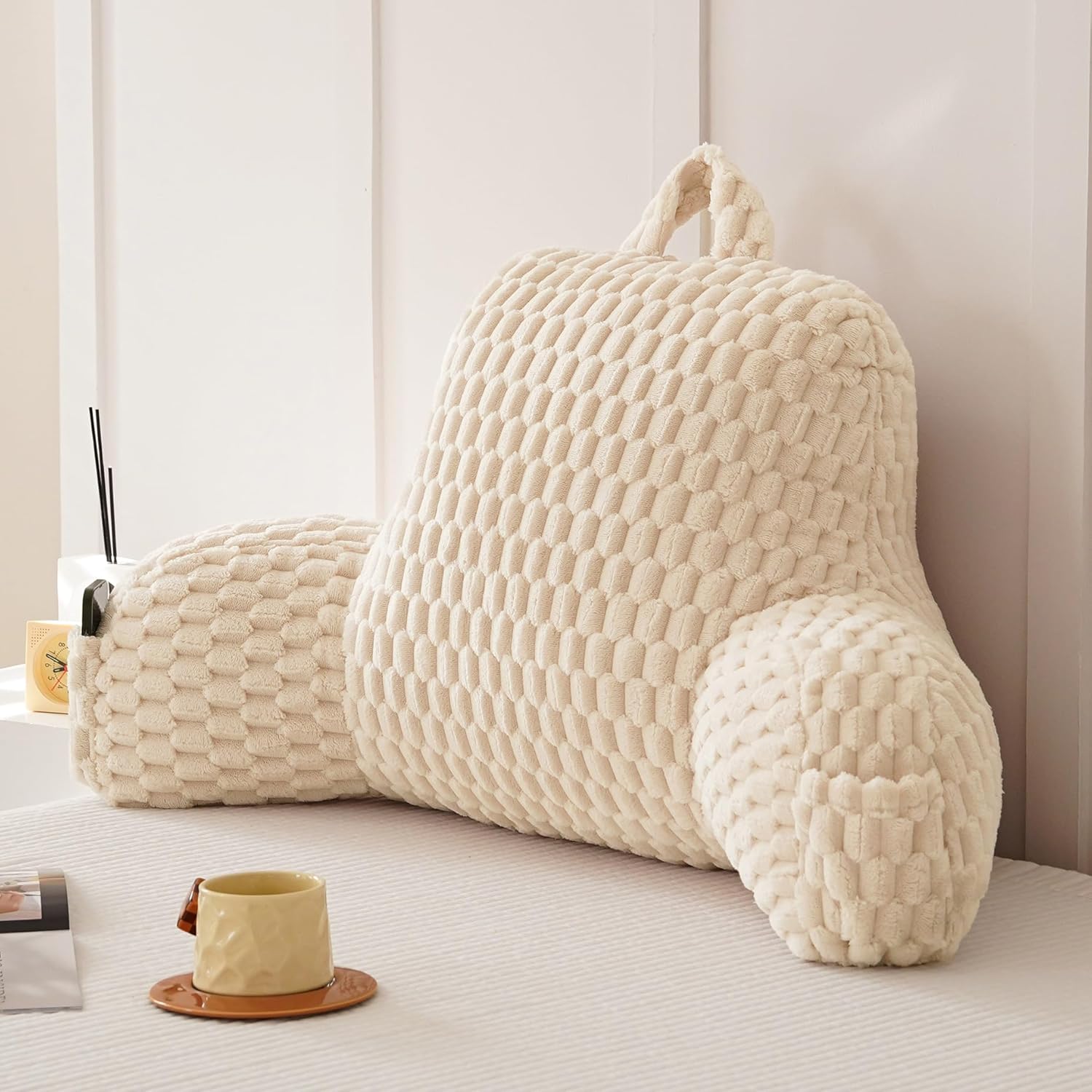 Fluffy Reading Pillow for Sitting in Bed, Large Backrest Bed Pillow with Arms, Back Support Pillow for Lounging Bedrest, Beige