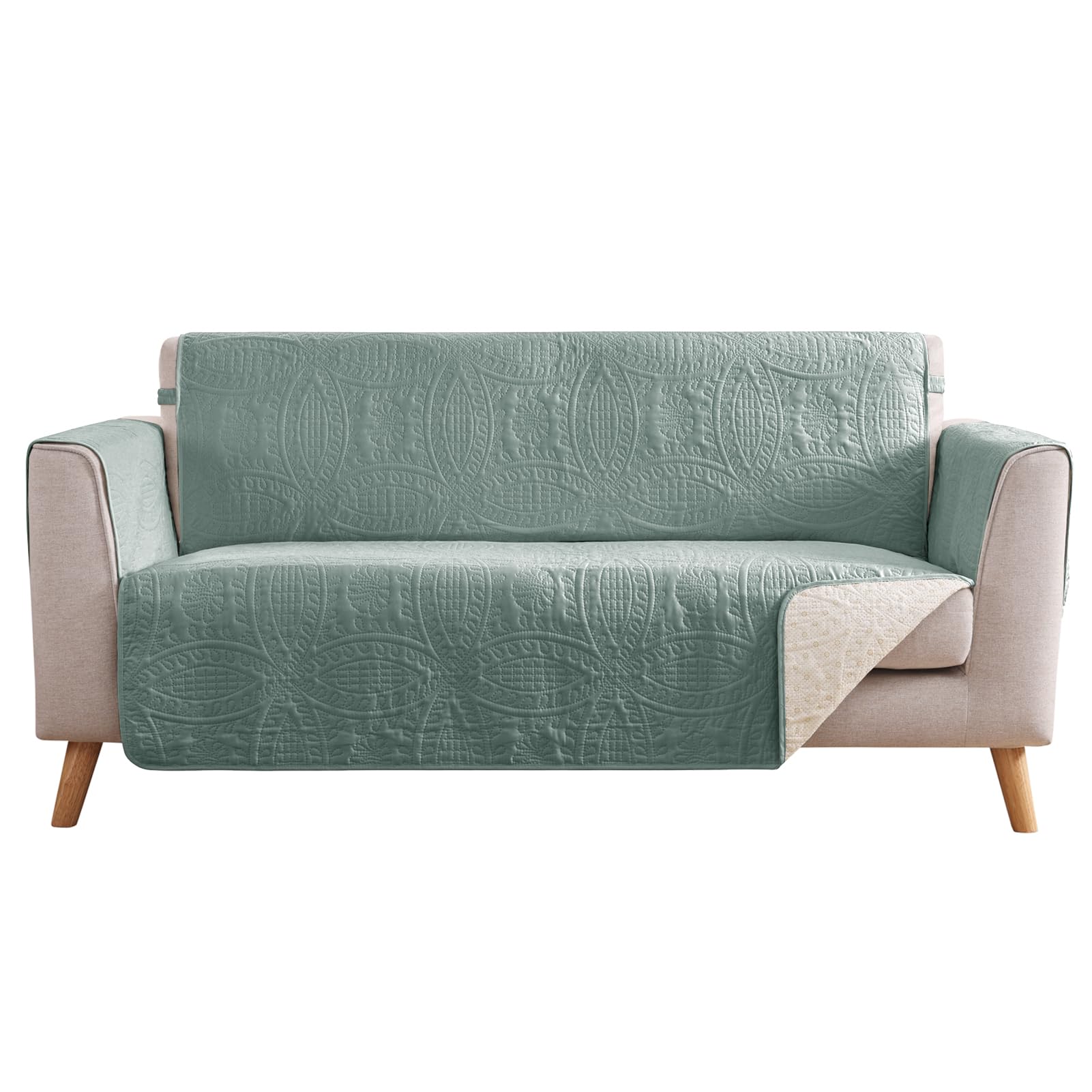 Quilted Sofa Slipcovers with Pockets, Anti-Slip Medallion Designed Couch Covers for 3 Cushion Sofa, Couch Cover for Dogs Cats Water-Repellent Machine Washable (Large Sofa 68", Ivory White)