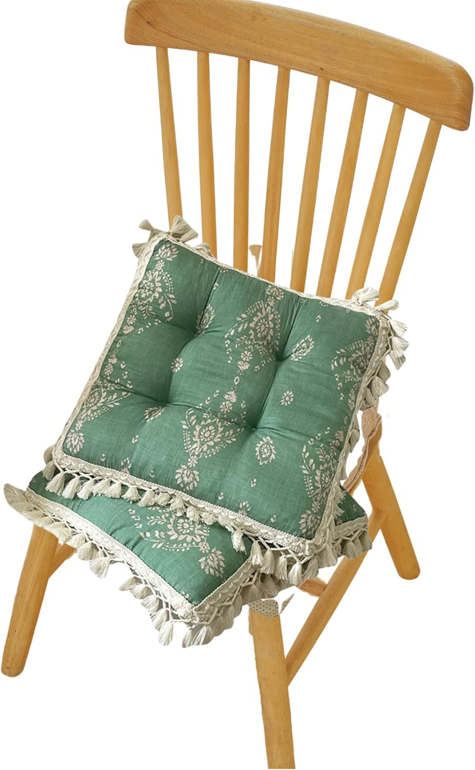 Set of 2 Floral Printed Chair Pads with Tassels Cotton Linen Square Chair Cushions 17x17x3 Inch Seat Cushion for Living Room Kitchen and Officewooden Chair (Green,17"x17")