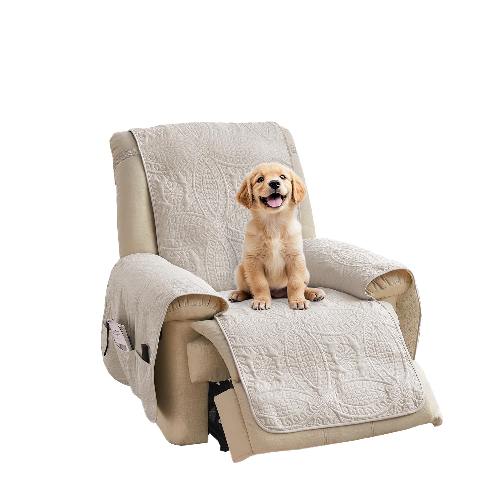 Quilted Sofa Slipcovers with Pockets, Anti-Slip Medallion Designed Couch Covers for 3 Cushion Sofa, Couch Cover for Dogs Cats Water-Repellent Machine Washable (Large Sofa 68", Ivory White)