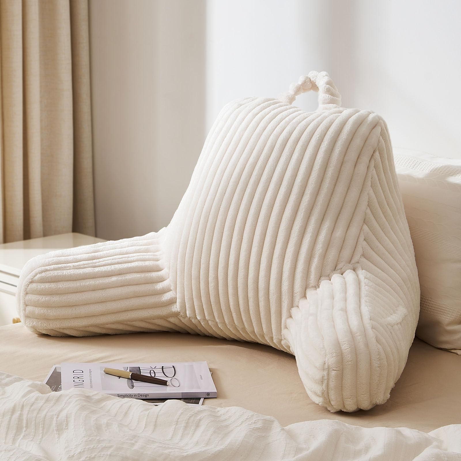 Blissful Diary Reading Pillow for Sitting in Bed, Flannel Back Pillow Bed Sitting Up for Adult & Children, Backrest Cushion for Sit Up in Couch or Floor, Dorm Essentials, Cream White