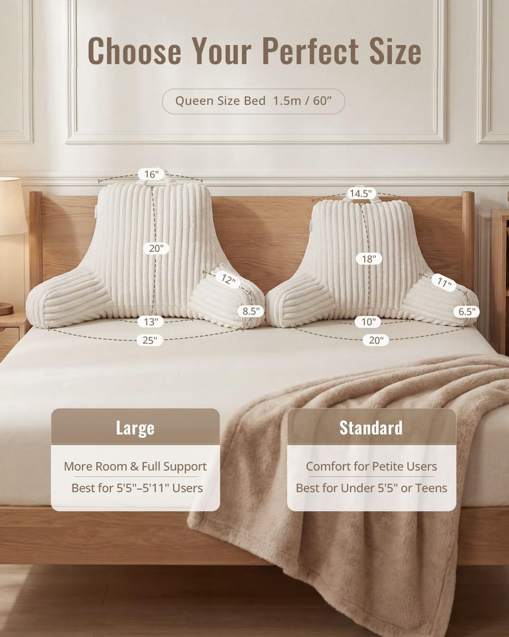 Blissful Diary Reading Pillow for Sitting in Bed, Flannel Back Pillow Bed Sitting Up for Adult & Children, Backrest Cushion for Sit Up in Couch or Floor, Dorm Essentials, Cream White