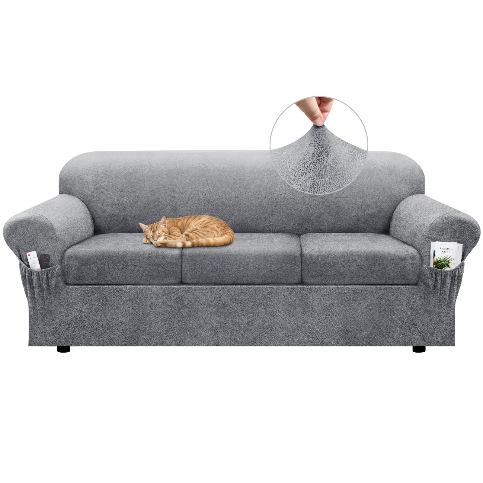 Sofa Slipcover with Armrest Pockets 4-Piece Set, Stretch Faux Leather Couch Cover for 3-Cushion Couches(Fits 72-92") - Non-Slip, Machine Washable, Pet & Kid Friendly - Beige