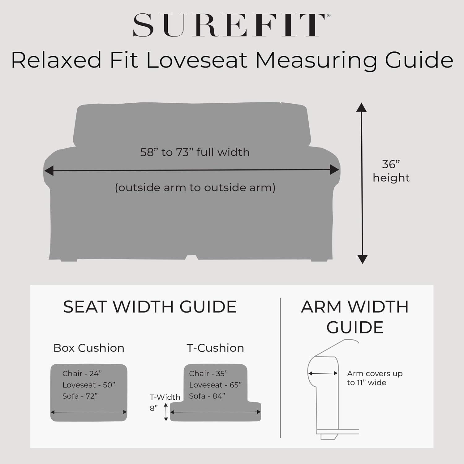 SureFit Cotton Duck Loveseat Box Cushion One Piece Slipcover, Furniture Cover, Relaxed Woven Fit, 100% Cotton, Machine Washable, Gray