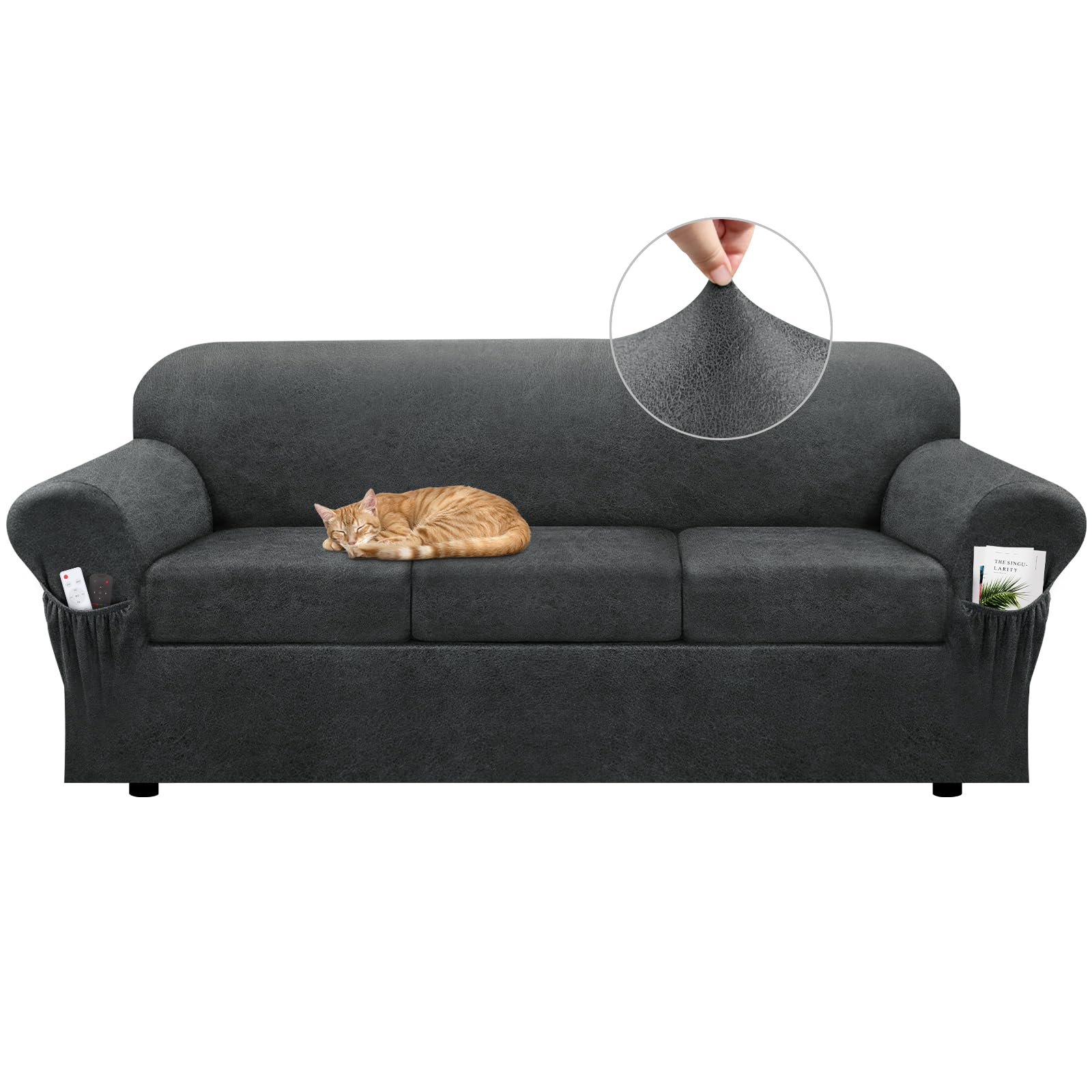 Sofa Slipcover with Armrest Pockets 4-Piece Set, Stretch Faux Leather Couch Cover for 3-Cushion Couches(Fits 72-92") - Non-Slip, Machine Washable, Pet & Kid Friendly - Beige