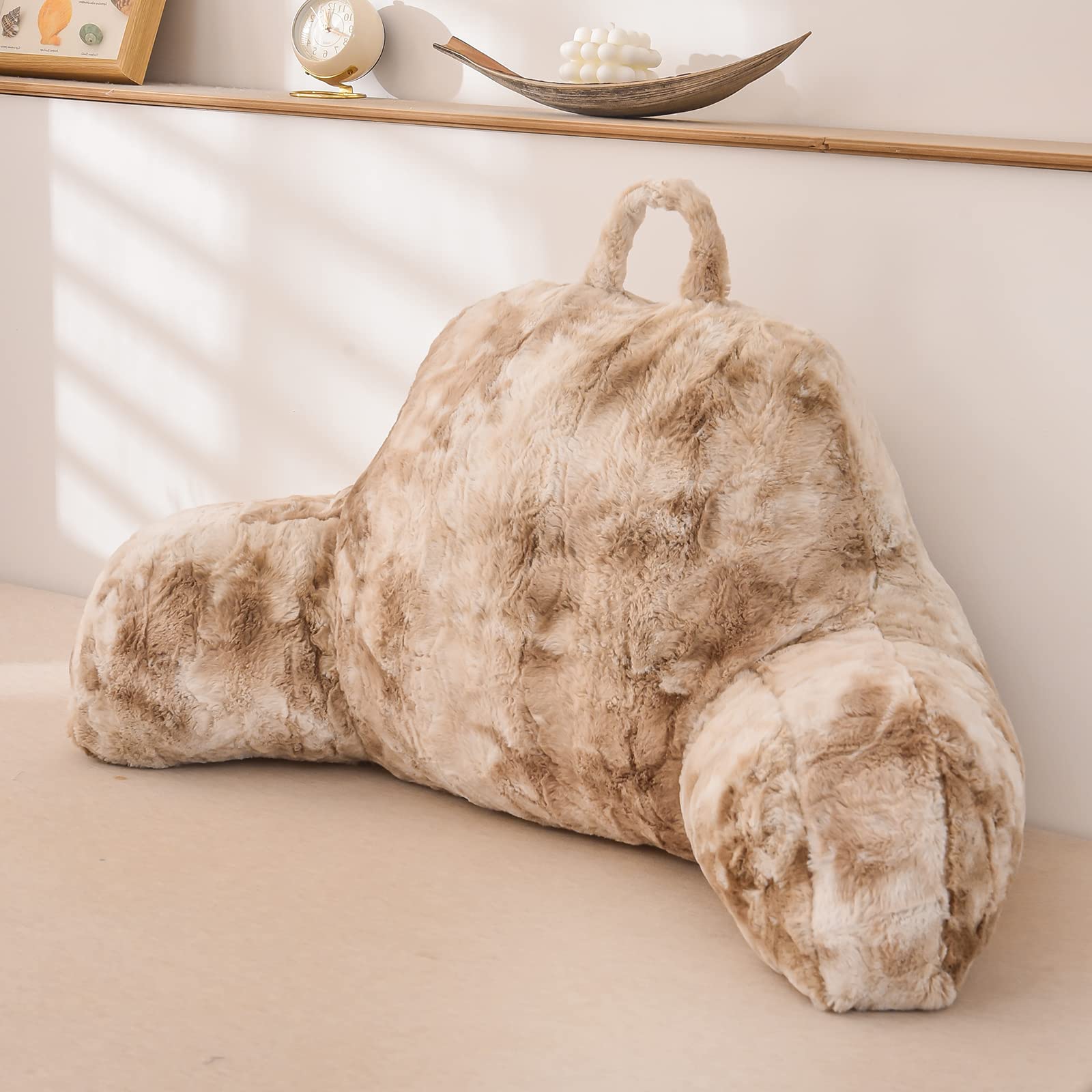 Ivory Faux Fur Wedge Reading Pillow with Arms, Large Back Support for Bed & Couch